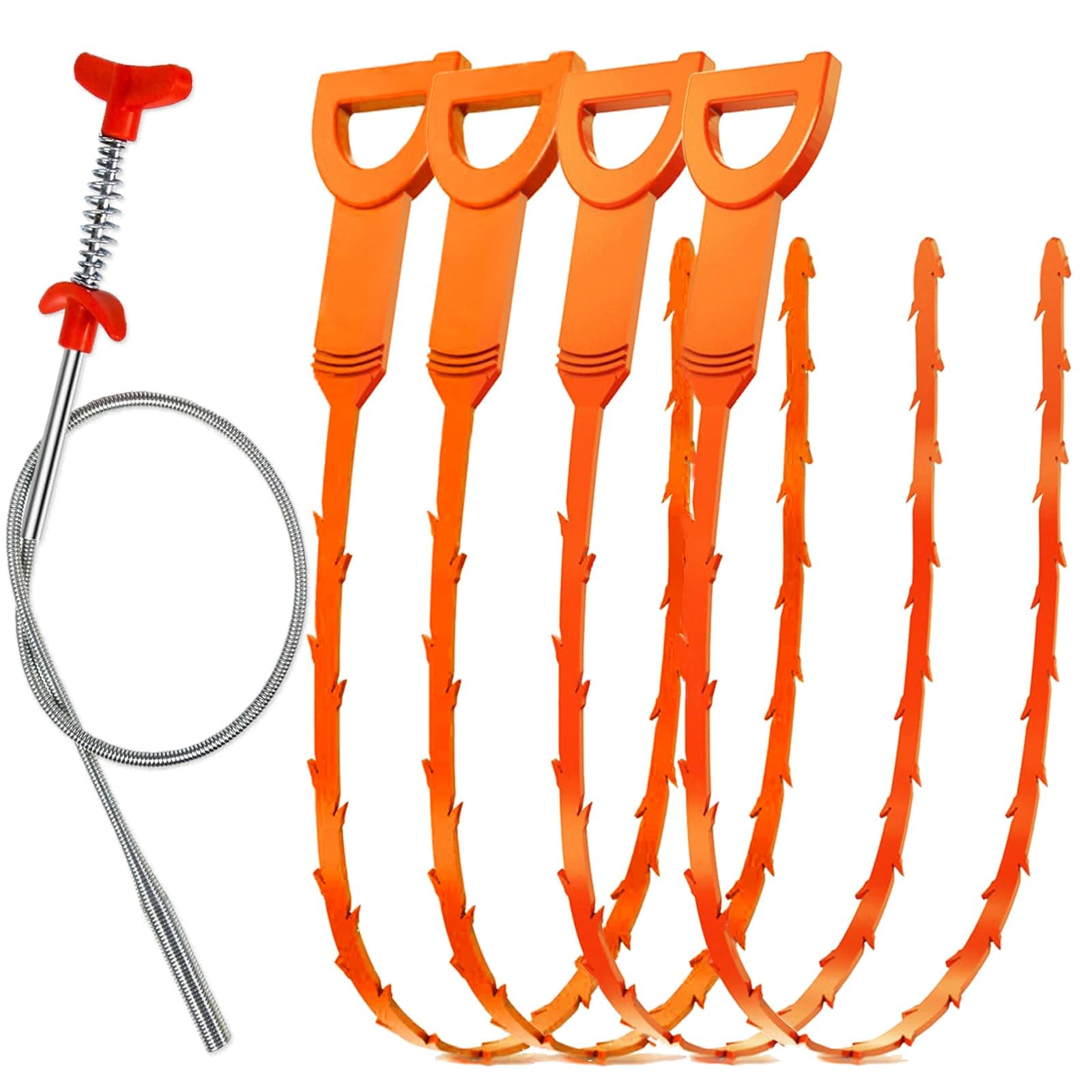 LUTICO Drain Snake Hair Clog Remover, Sink & Shower, 5 Pack, Orange & Red