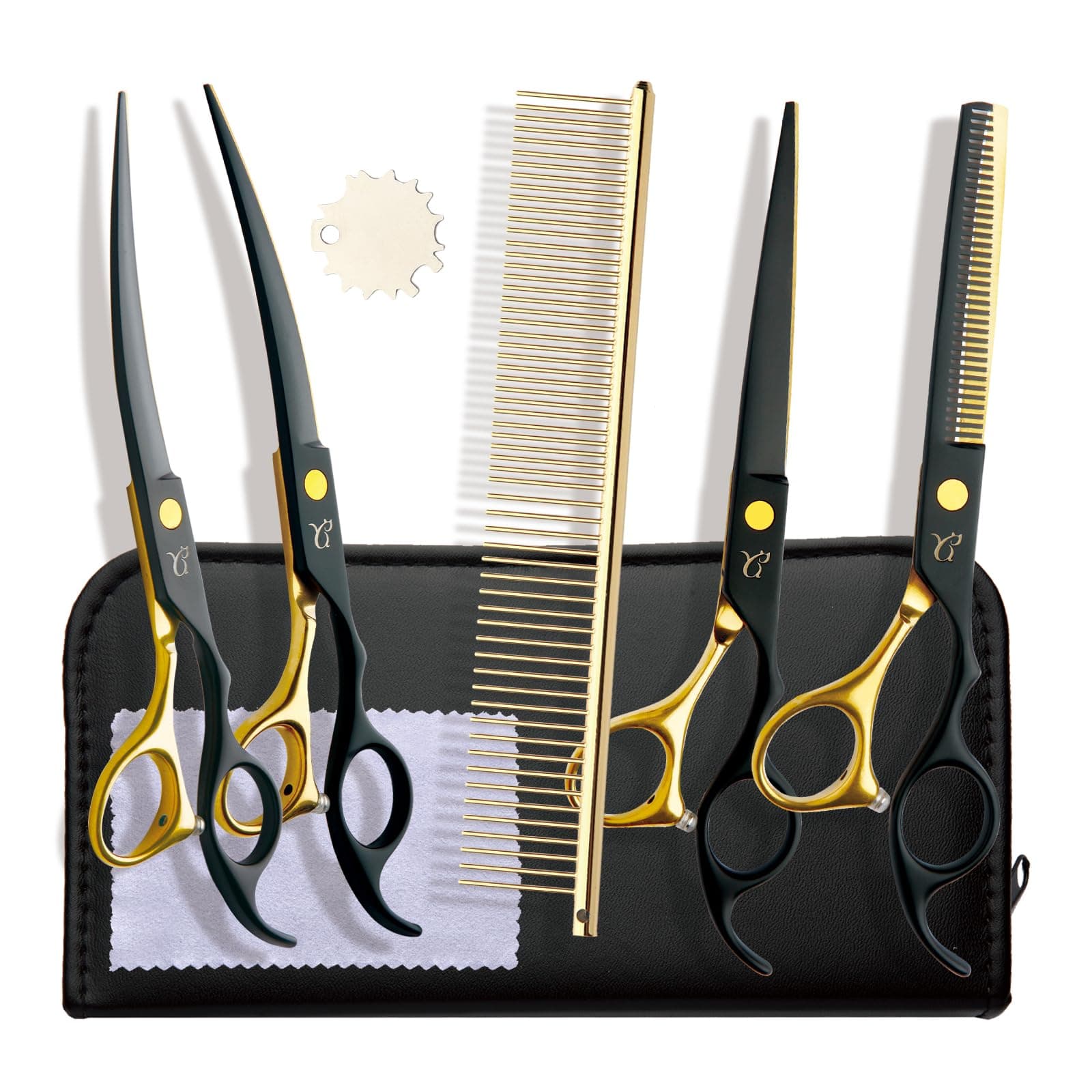 citywish Professional Dog Grooming Kit: the kit includes 2 curved dog scissors, 1 thinning scissors, 1 straight scissors, 1 pet comb, 1