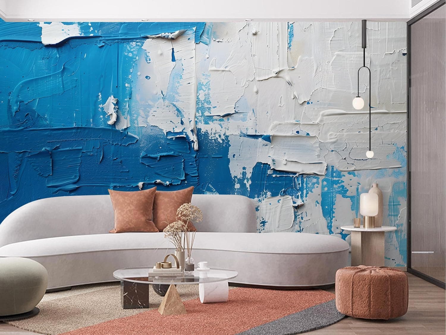 VistaPalette Blue White Oil Painting Modern Mural Peel and Stick Wall Art Wallpaper Self Adhesive Removable Mural Large Foil Wall Decor Print Picture