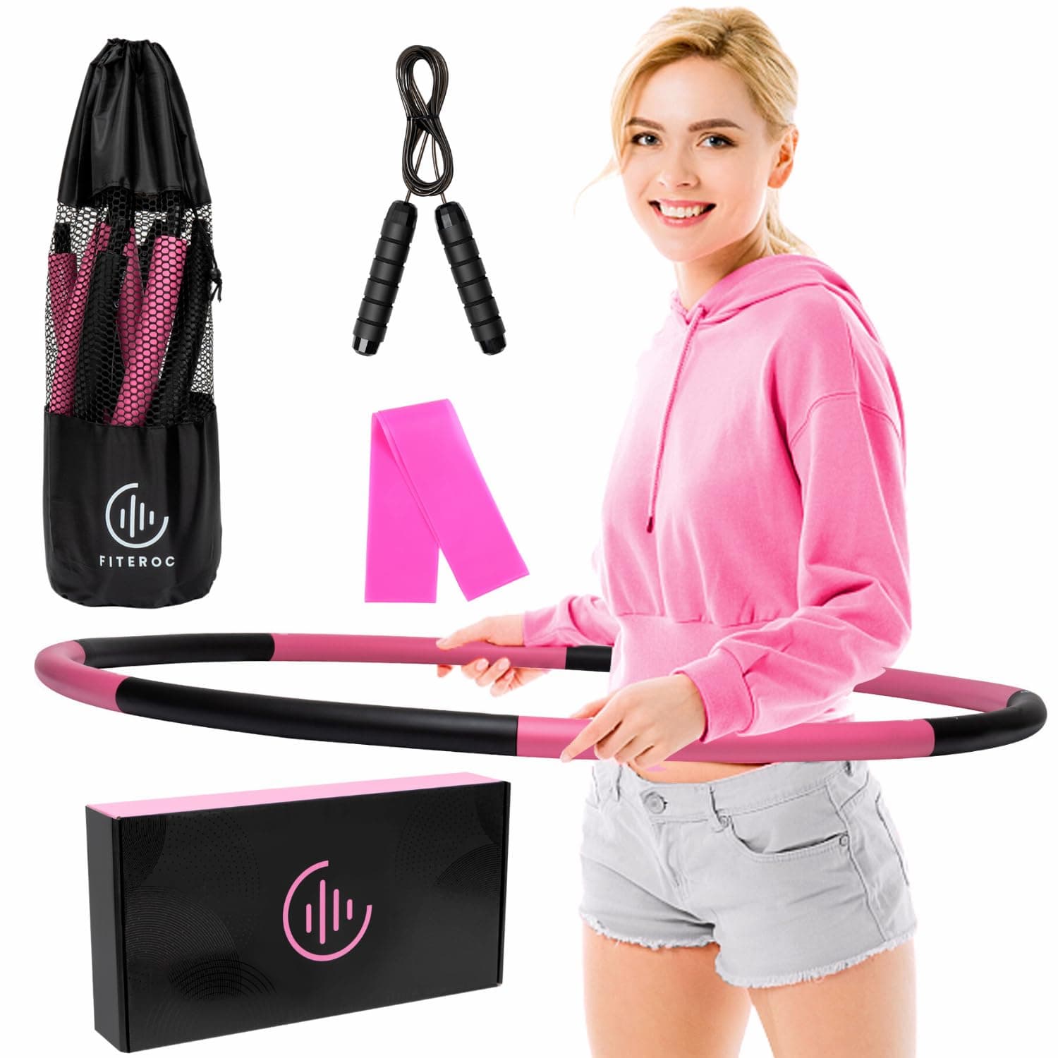 Fiteroc 2.8 lb Weighted Fitness Hoop, 8 Detachable Sections, Adjustable Large Size for Core Workouts, Black/Pink