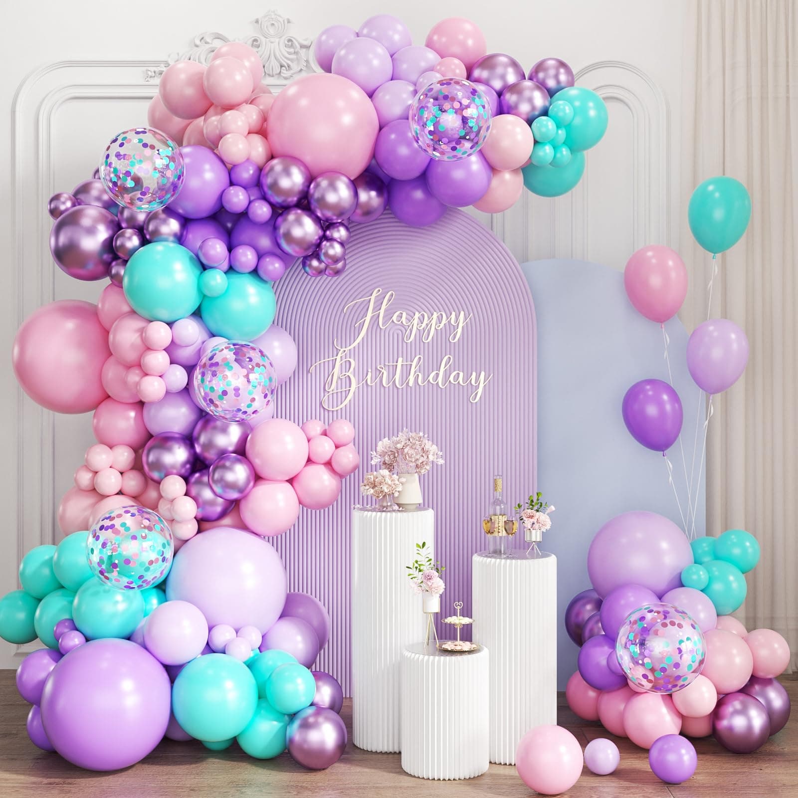 ZHIYAPA Mermaid Balloon Garland Arch Kit, 167Pcs Cotton Candy Pink Lavender Lilac Metallic Purple Teal Blue Latex Balloons for Women Girl Birthday Baby Shower Ocean Themed Party Decorations