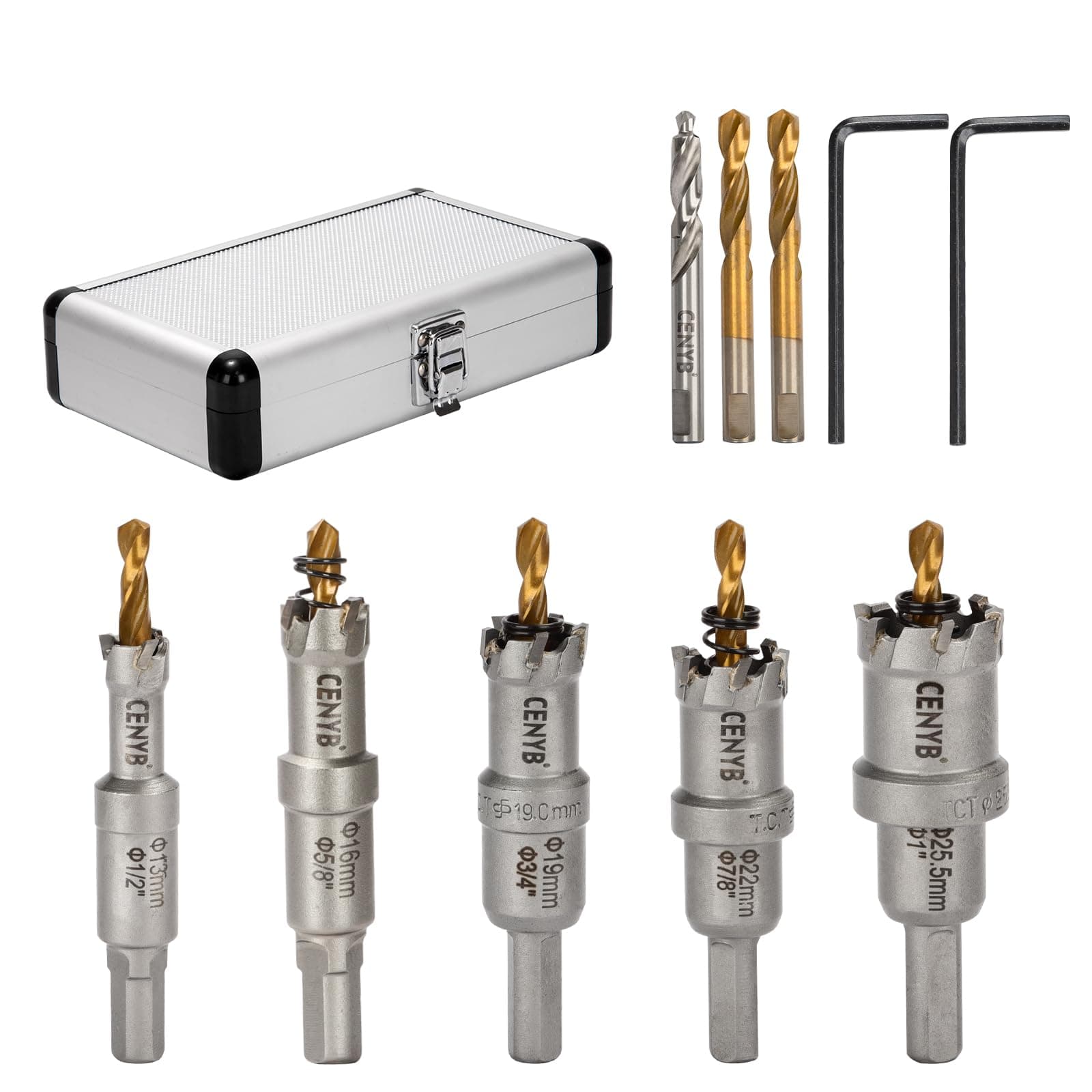 5Pcs Hole Saw(13-25.5mm) TCT Carbide Tipped Hole Saw Kit for Hard Metal, Extra 2xTitanium & 1xStepped Pilot Drill bits and 2Pcs Hex Key for Stainless Steel, Iron,Aluminum,Alloy,Metal