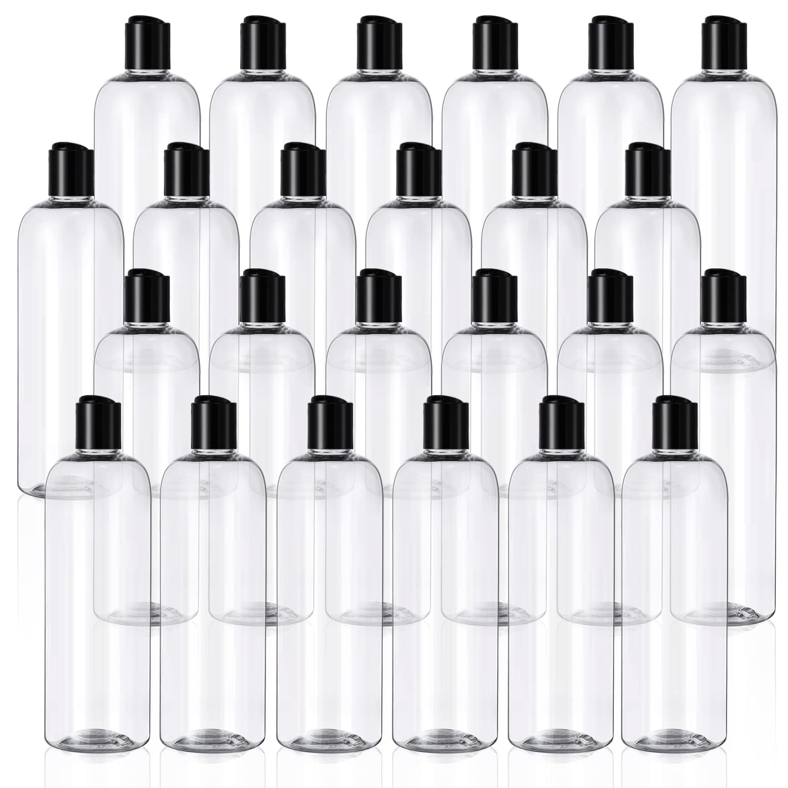 Nuenen 16 oz 24 Pcs Plastic Empty Bottles Squeeze Travel Containers with Black Disc Cap Refillable Shampoo Travel Bottles for Toiletries Lotion Container for Body Soap Cream (Clear)