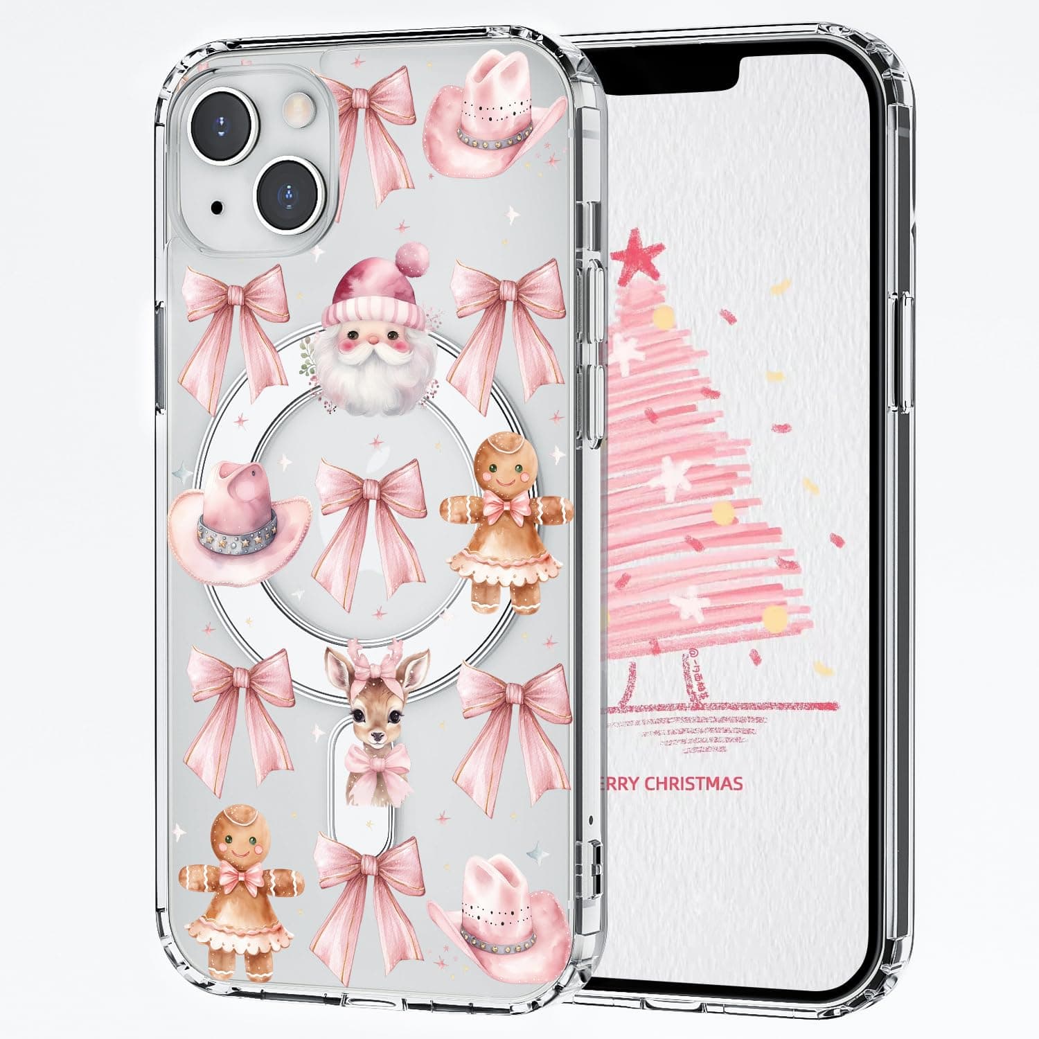 CozyNestCYCute Girly Bow Christmas Magnetic Case for iPhone 15 Pro Max Santa Gingerbread Clear Phone Cover Compatible with Mag Safe Wirelesslovely Festival Shell Slim Protect Anti-Slip Boy Gir Kid