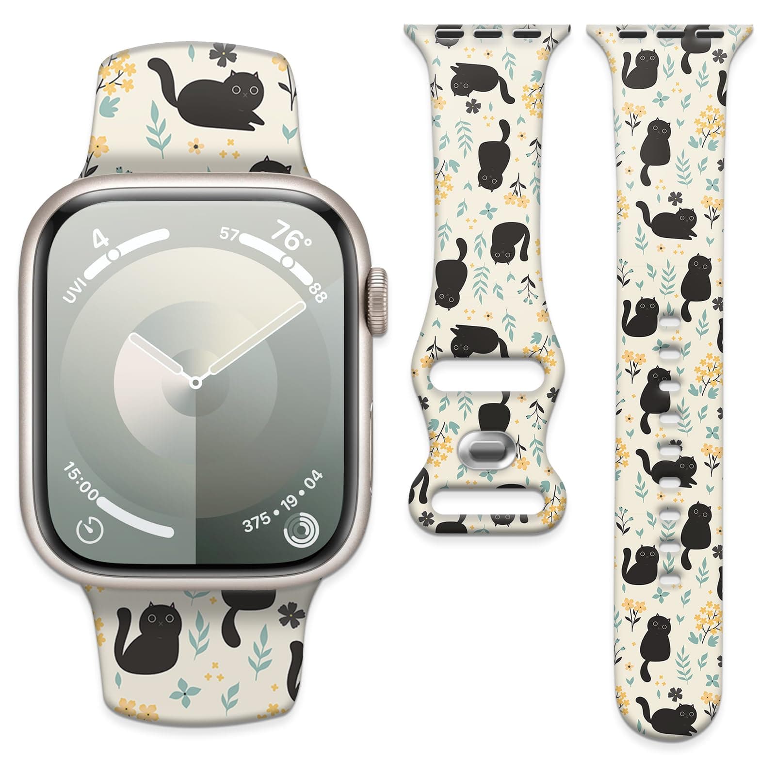 Sport Watch Band Compatible with Watch Band 38mm 40mm 41mm Women, Soft Silicone Floral Print Sport Strap Replacement Wristbands for Watch Series Ultra 9 8 7 6 5 4 3 2 1 SE（Cute Cat in Flower）