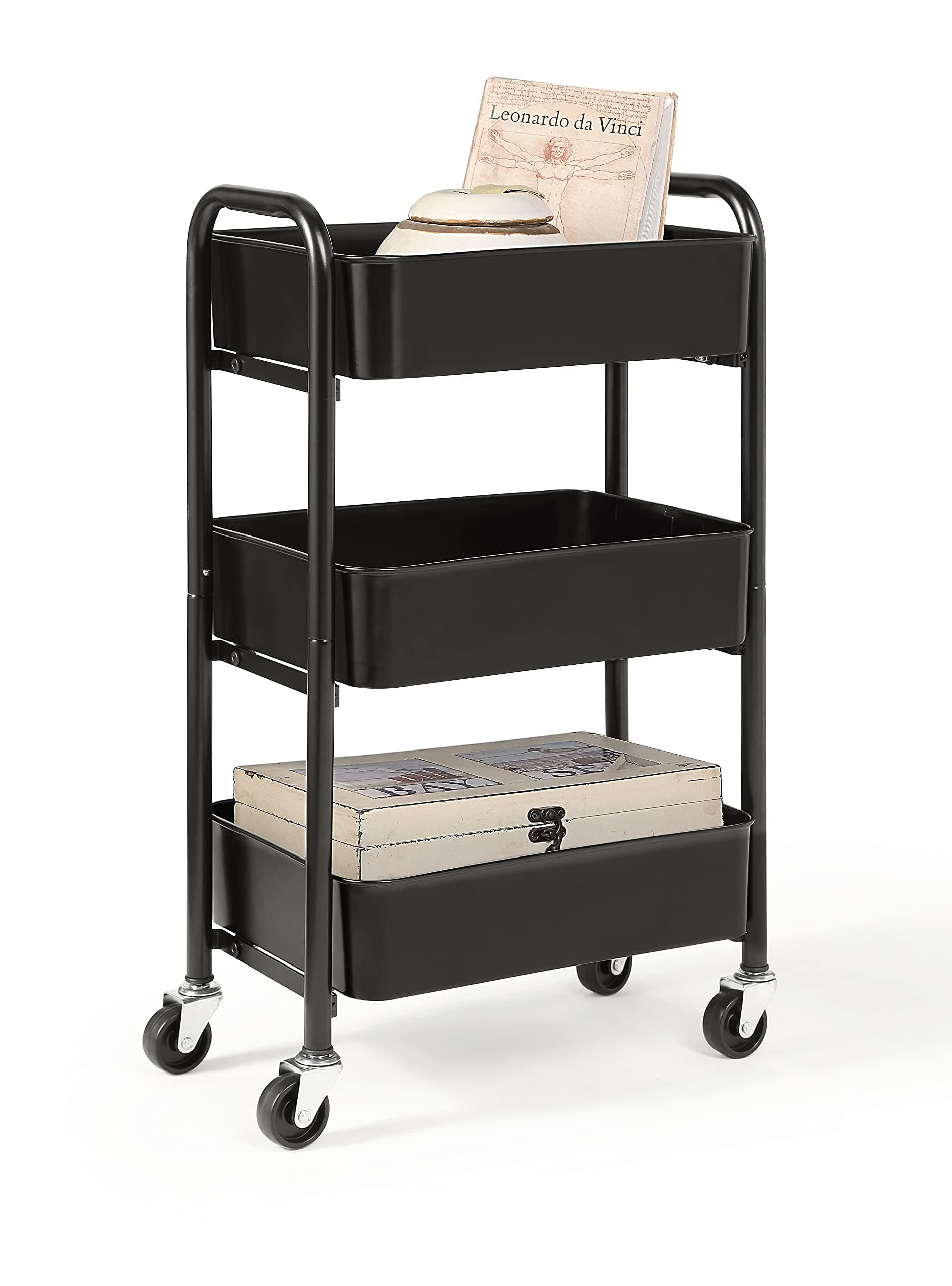 SunnyPoint 3-Tier Delicate Compact Rolling Metal Storage Organizer - Mobile Utility Cart Kitchen/Under Desk Cart with Caster Wheels - BLK (15.35" X 10.24" X 26.8"H)