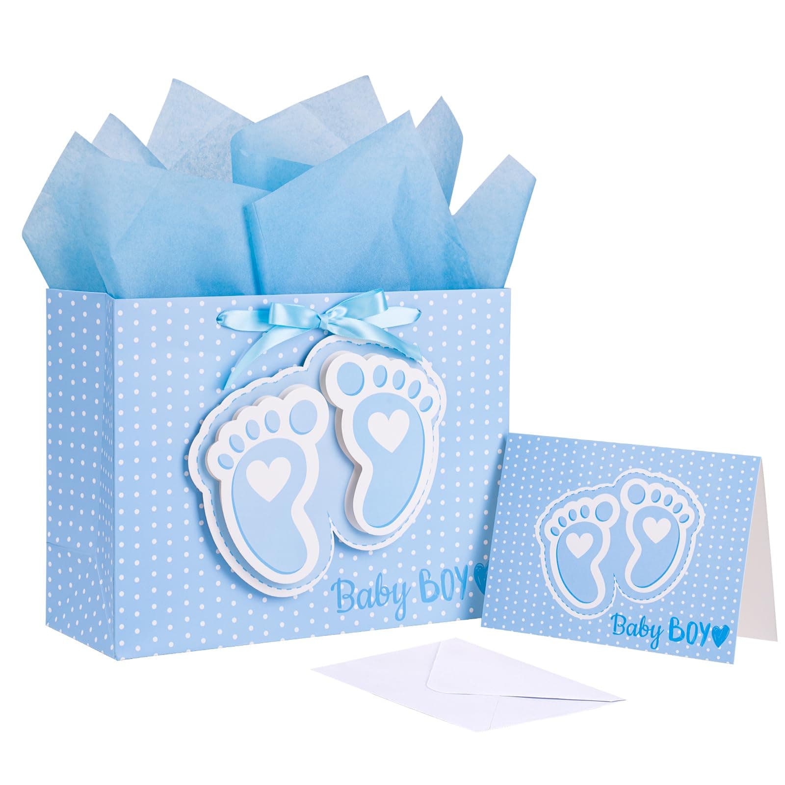 LeZakaa 13" Blue Gift Bags with Tissue Paper, Gift Card, Foot Print & Baby Boy Lettering Design for Baby Shower, Little One, 1st Baby Boys' Birthday