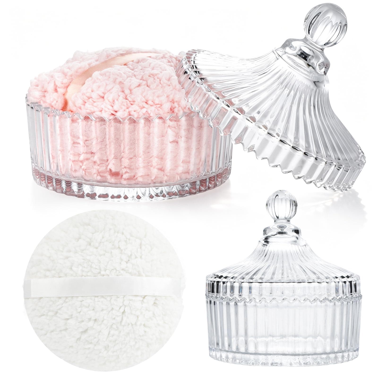 4 Pcs 6 In Extra Large Body Powder Puff and Container,Glass Candy Dish with Lid, Suitable for Both Dry and Wet Use, Reusable