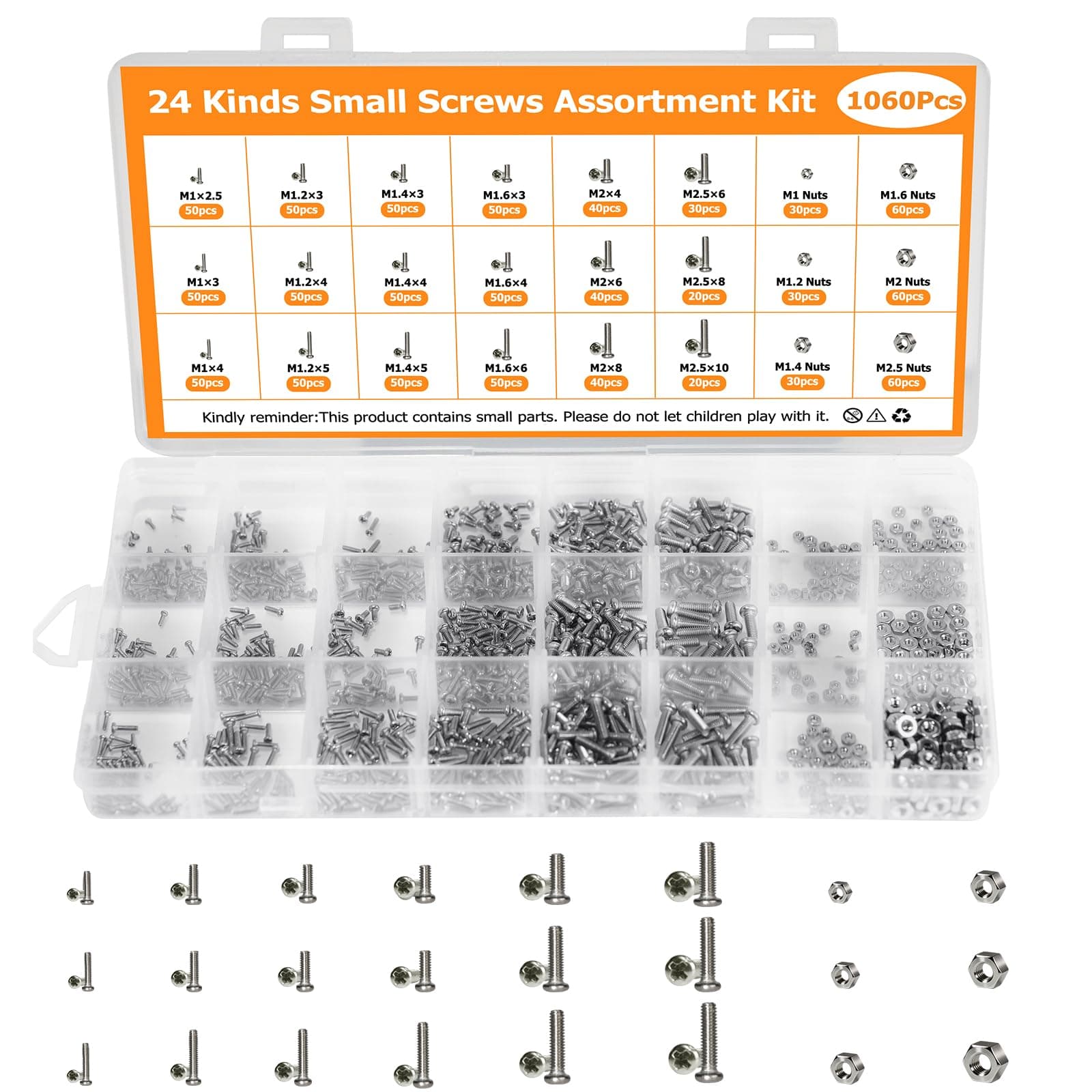 1060Pcs 304 Stainless Steel Metric Micro Screws Nuts Assortment, M1 M1.2 M1.4 M1.6 M2 M2.5 Sizes, Phillips Pan Head, Fully Threaded Kit for Arduino, RC Models, Electronics, DIY Projects
