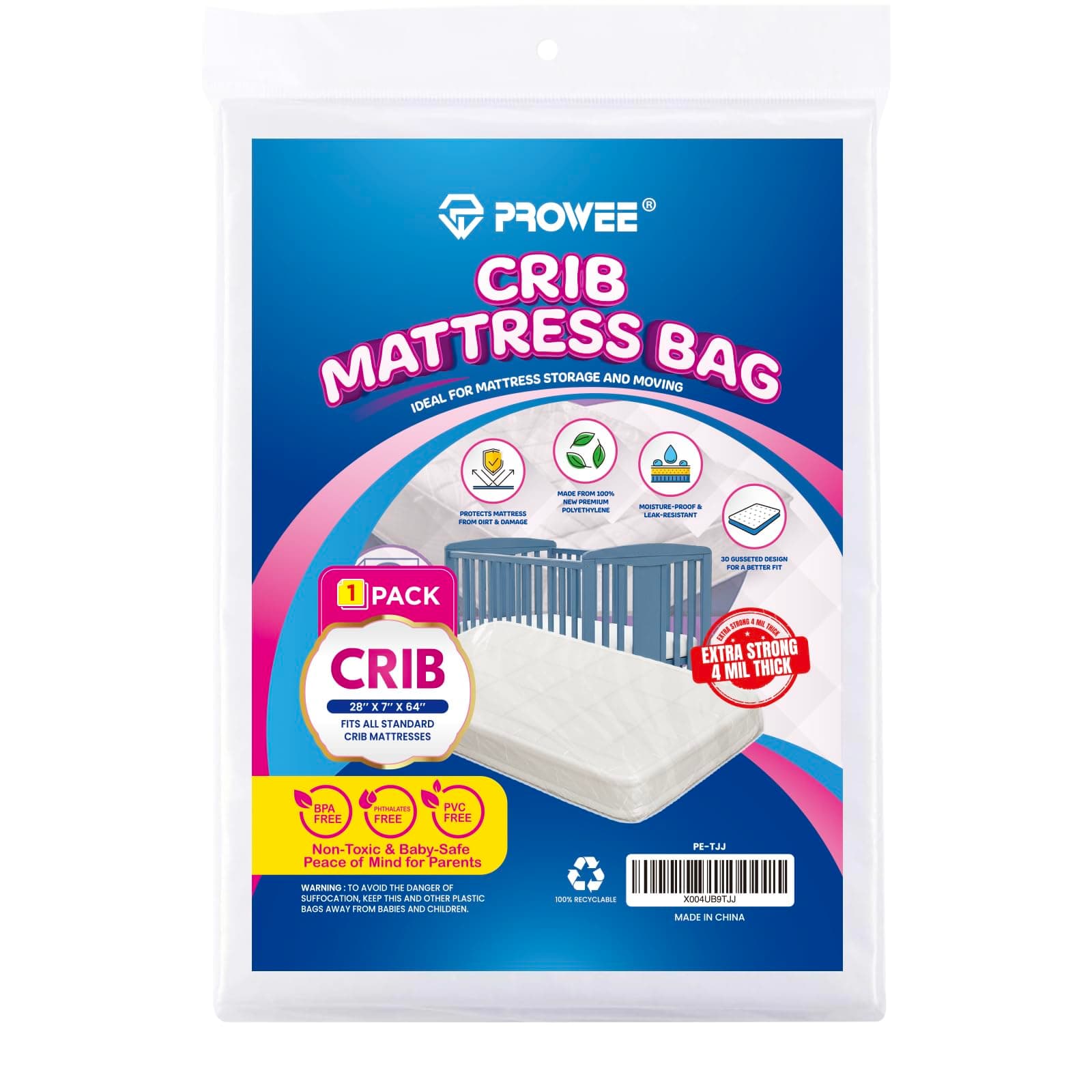 PROWEE Crib Mattress Storage Bag – Heavy-Duty 4 Mil Thick Waterproof Moving Bag – Strong, Tear-Resistant Protective Cover for Baby Crib Mattress Storage or Transport