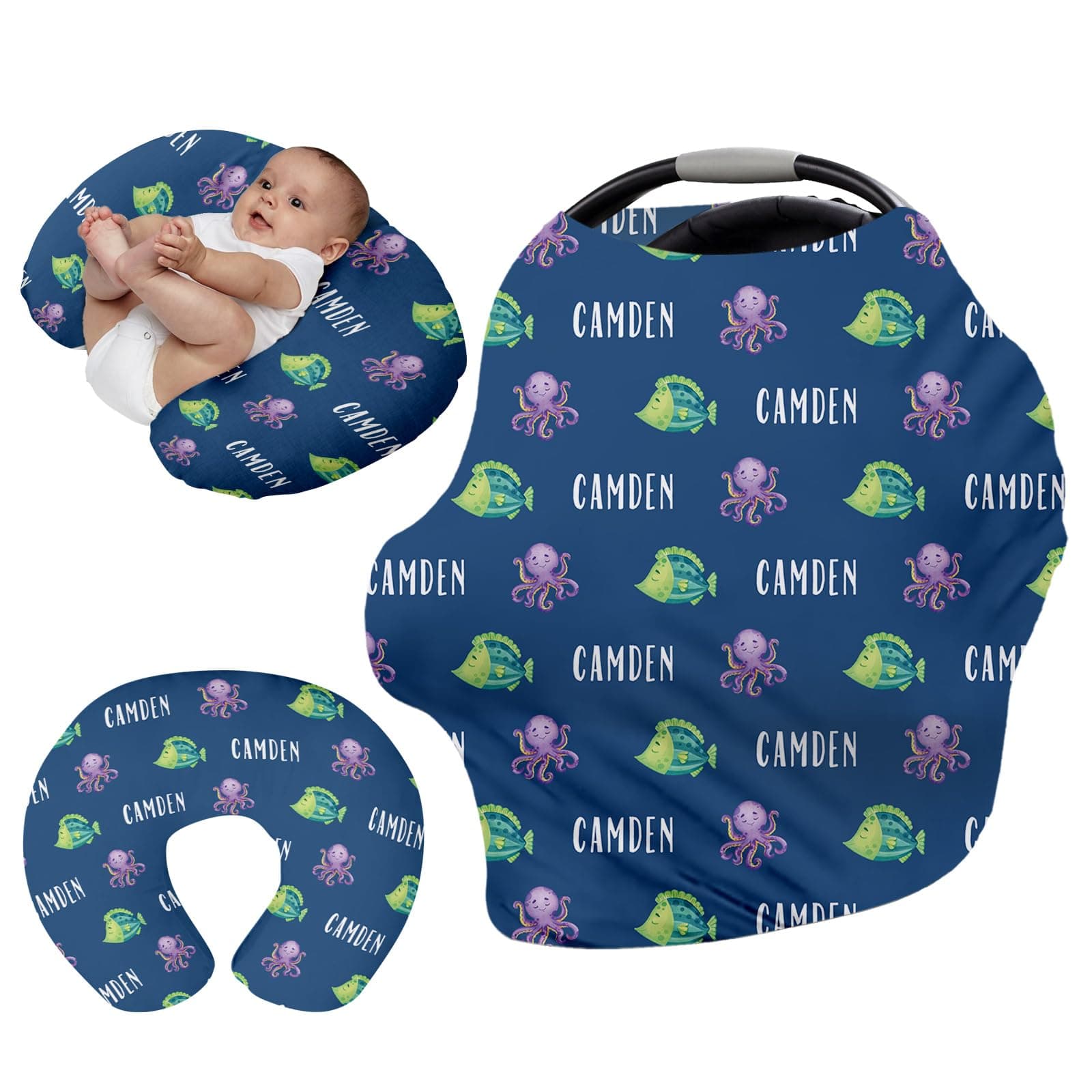 Custom Name Car Seat Canopy - Baby Car Seat Covers, Blue Octopus Print Infant Stroller Cover, Carseat Canopy Christmas Birthday Gifts for Girls and Boys(27"x29")