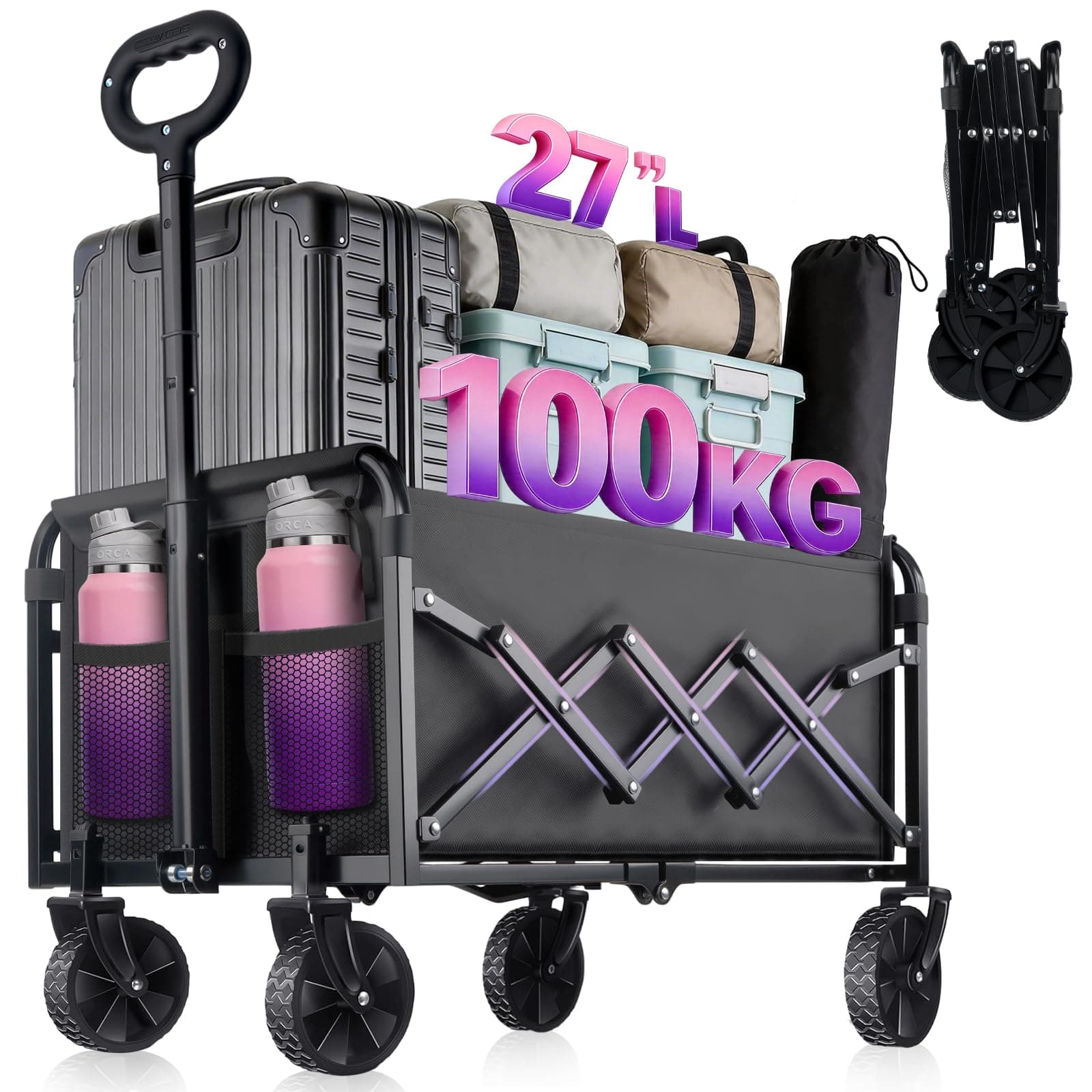 100KG Collapsible Folding Wagon Cart with 360° Rotatable Wheels