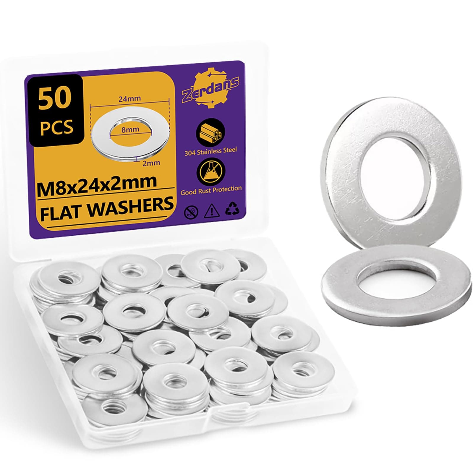 M8 Stainless Flat Washers, 50Pcs Metric Metal Fender Washers for Screws Bolts, 18-8 (304) Stainless Steel, Assorted Hardware Kit for Factories, Home, Shops, Construction (M8x24x2mm)