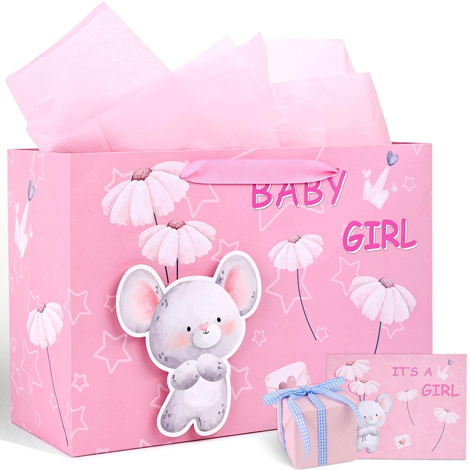 VGOODALL Baby Boy Gift Bag, 13" Gift Bag with Tissue Paper Ribbon and Greeting Card for Baby Shower Newborn 1st Birthday Gender Reveal Party Blue