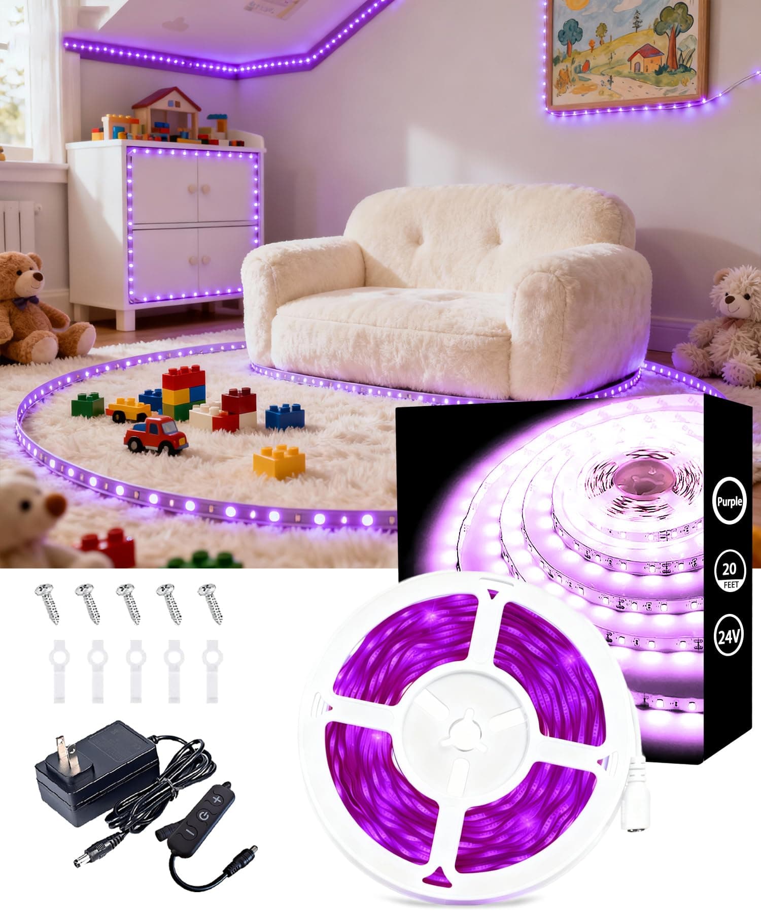 Purple Led Lights Strip Indoor 20 FT 360 LEDs Rope Lights Easy DIY Cuttable Strip Lights for Room Bathroom Living Room Kitchen Ceiling Wall Vanity Mirror Decor