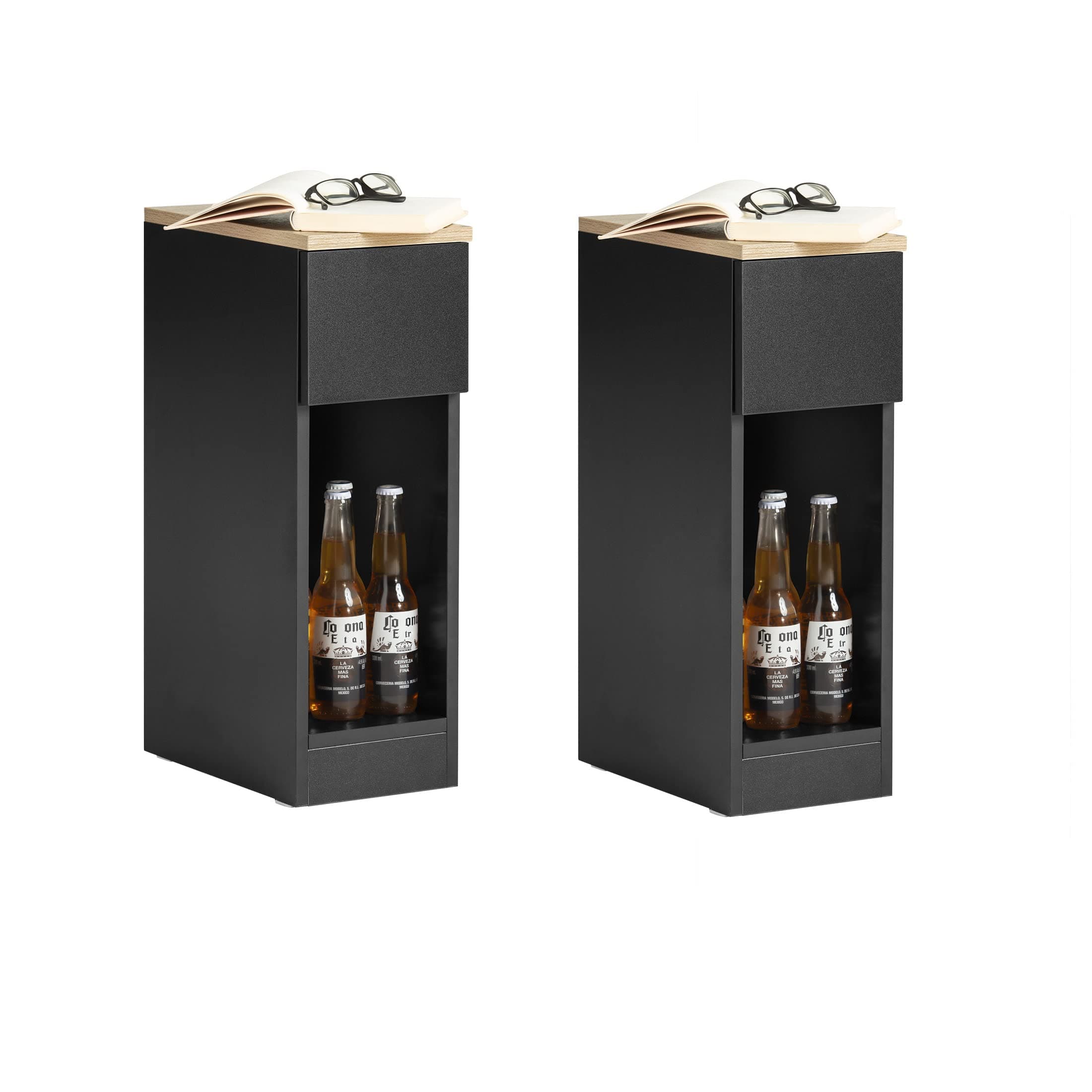 SoBuy 20cm Black Nightstand Set of 2 with Drawer and Shelf for Bedroom