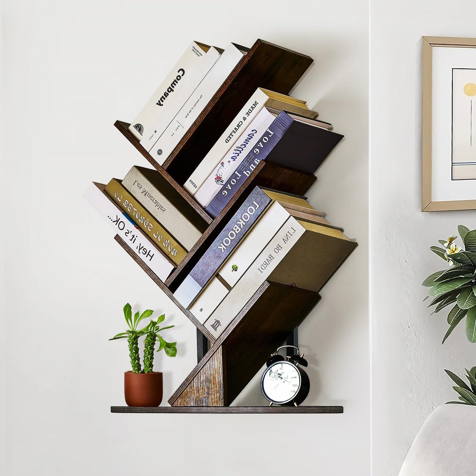 5 Tier Tree Bookshelf Floating Book Shelves for WallMount, Wooden Hanging Shelves Storage for Displaying Books/CDs/Magazine, Unique WallBookcase Organizer Shelves for Home, Office, LivingRoom