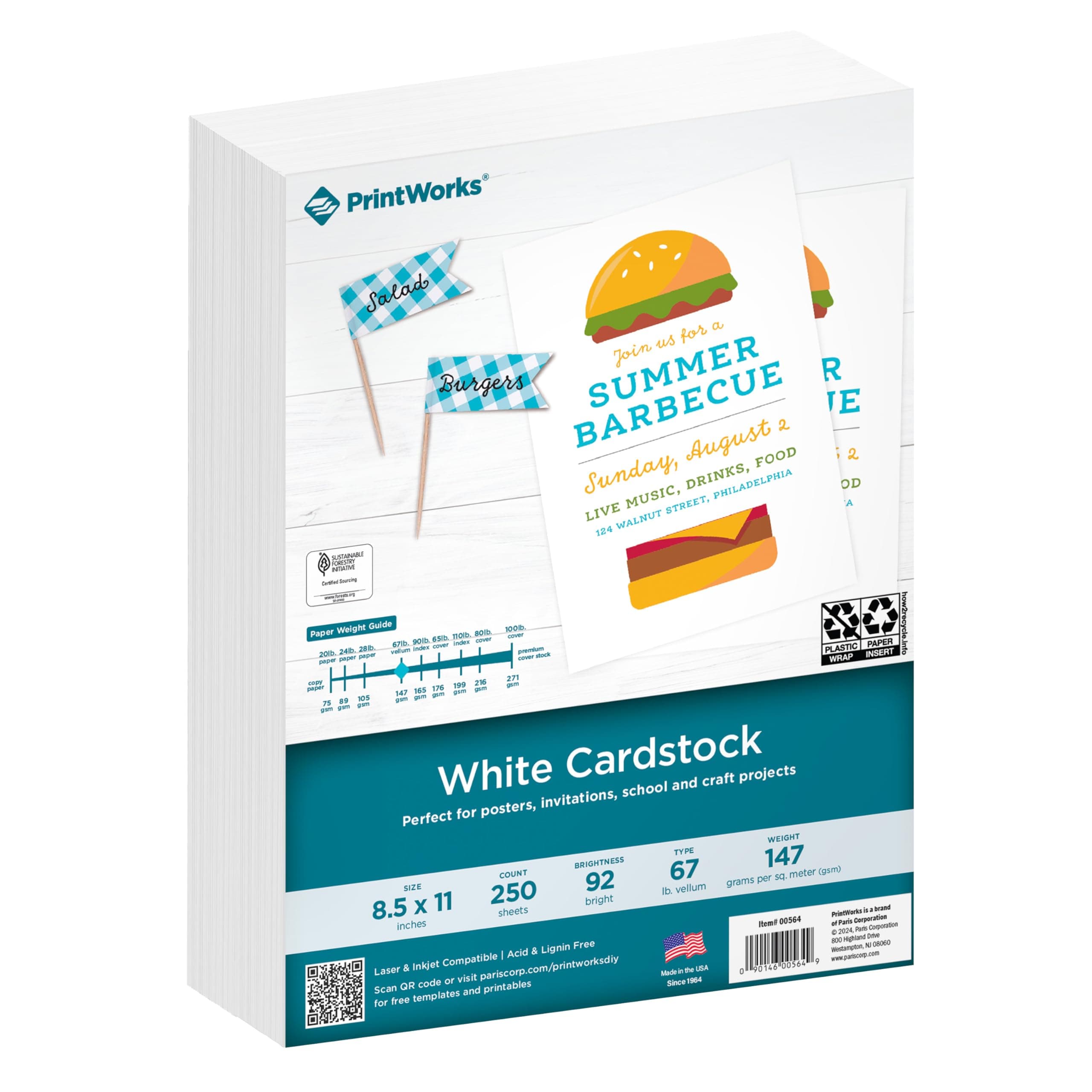 Printworks White Cardstock, Standard, 67 lb. Vellum, 92 Bright, 250 sheets, 8.5 x 11, For Office, Home & School Printing, Craft Projects (00564)