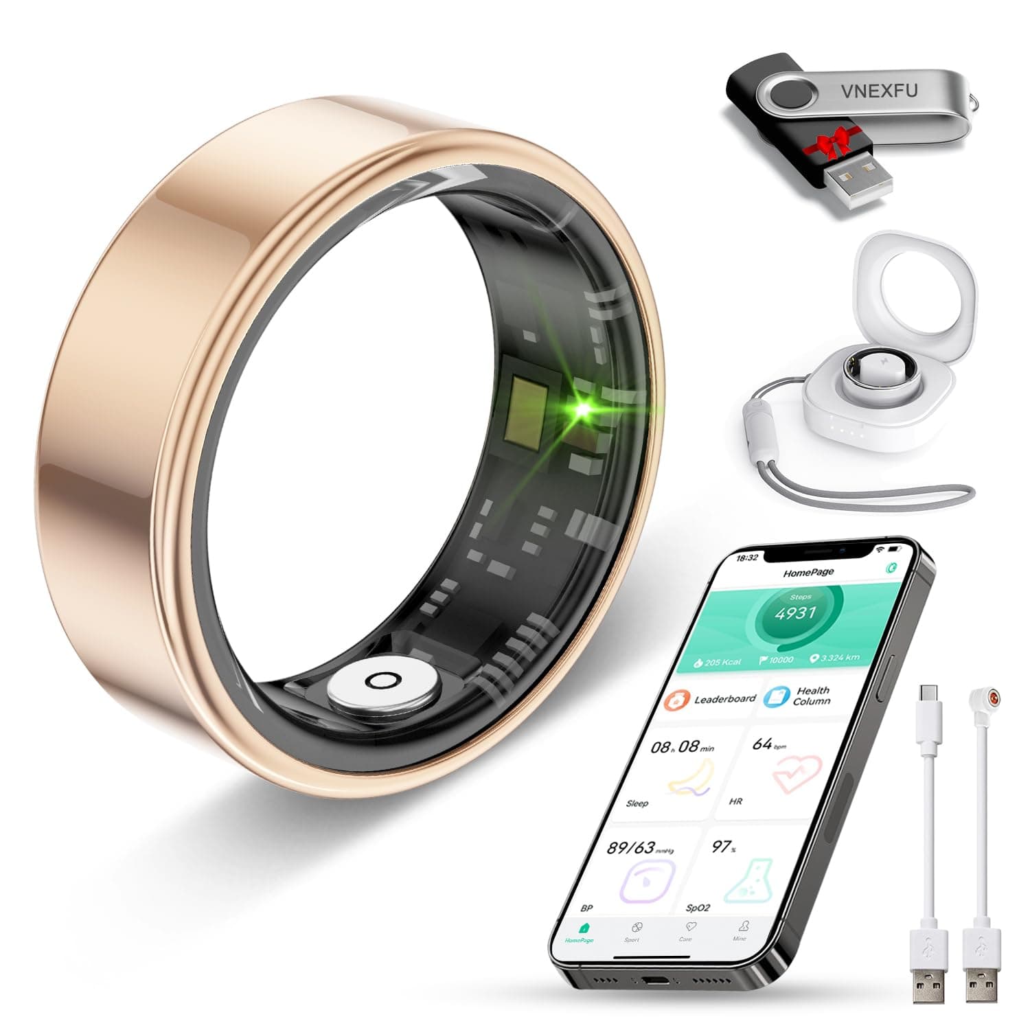 Smart Ring for Women Men Health Tracker - IP68 Waterproof Fitness Ring with Sleep Tracker/Heart Rate/Blood Pressure/Blood Oxygen/Step Counting/Calories for iOS & Android,No Subscription Fee,Gold #8