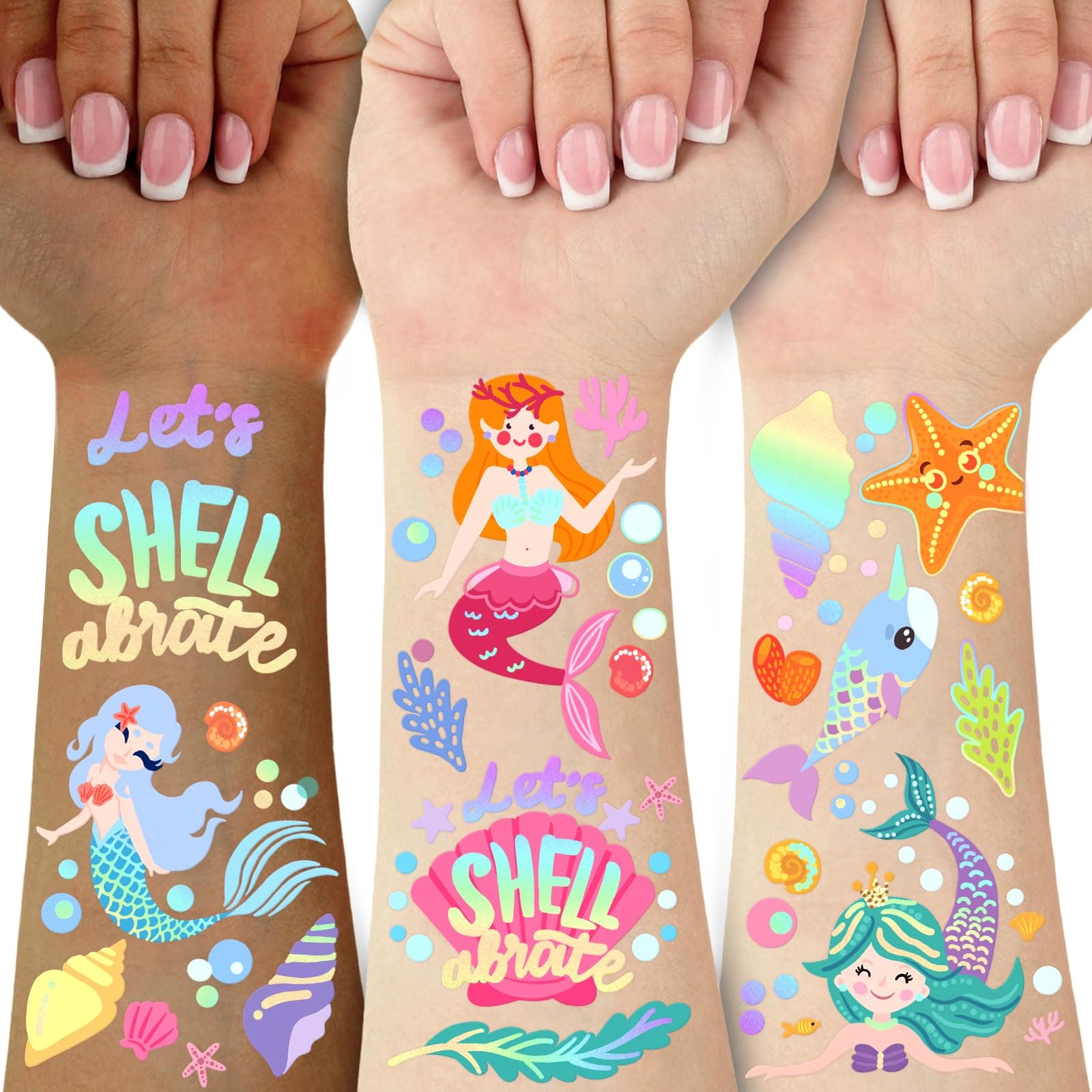 Mermaid Temporary Tattoo for Kids Sea-76 Shining Styles Cute Fish Fake Tattoo Dolphin Ocean Animals Waterproof for Girls Boys Body Face Tattoos Stickers Beach Art Birthday Party Favors Decorations