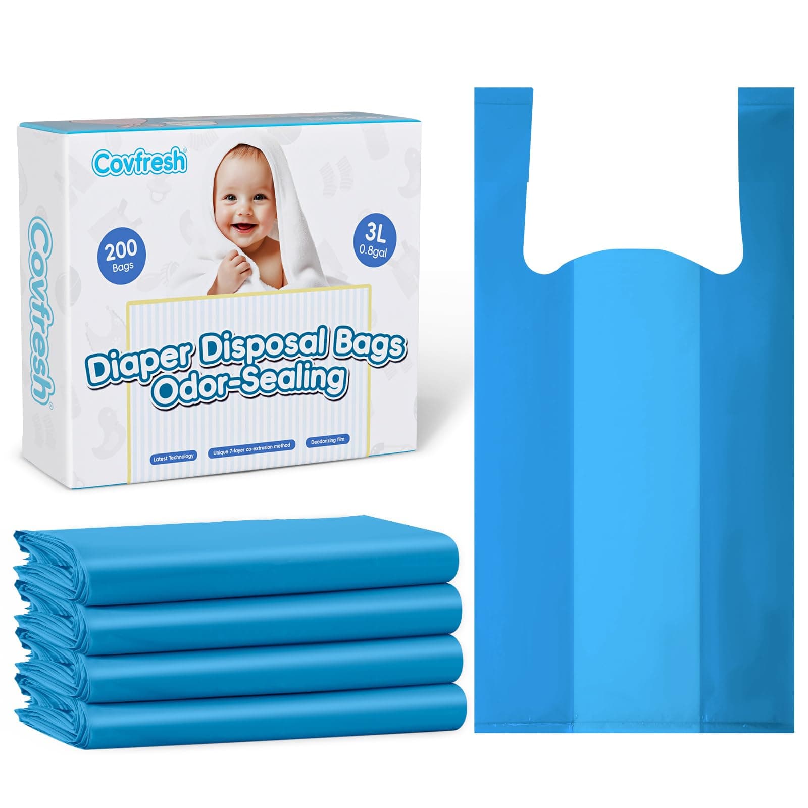 Covfresh Odor Sealing Diaper Disposal Bags with Handles, 3L/200 Count