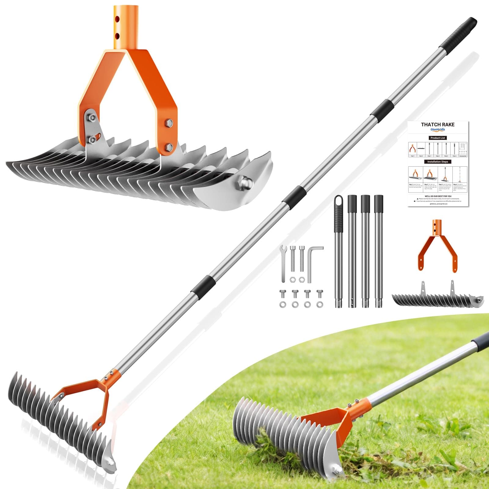 21-Tine Thatch Rake for Lawn,15" Heavy Duty Dethatcher Rake with 68" Handle