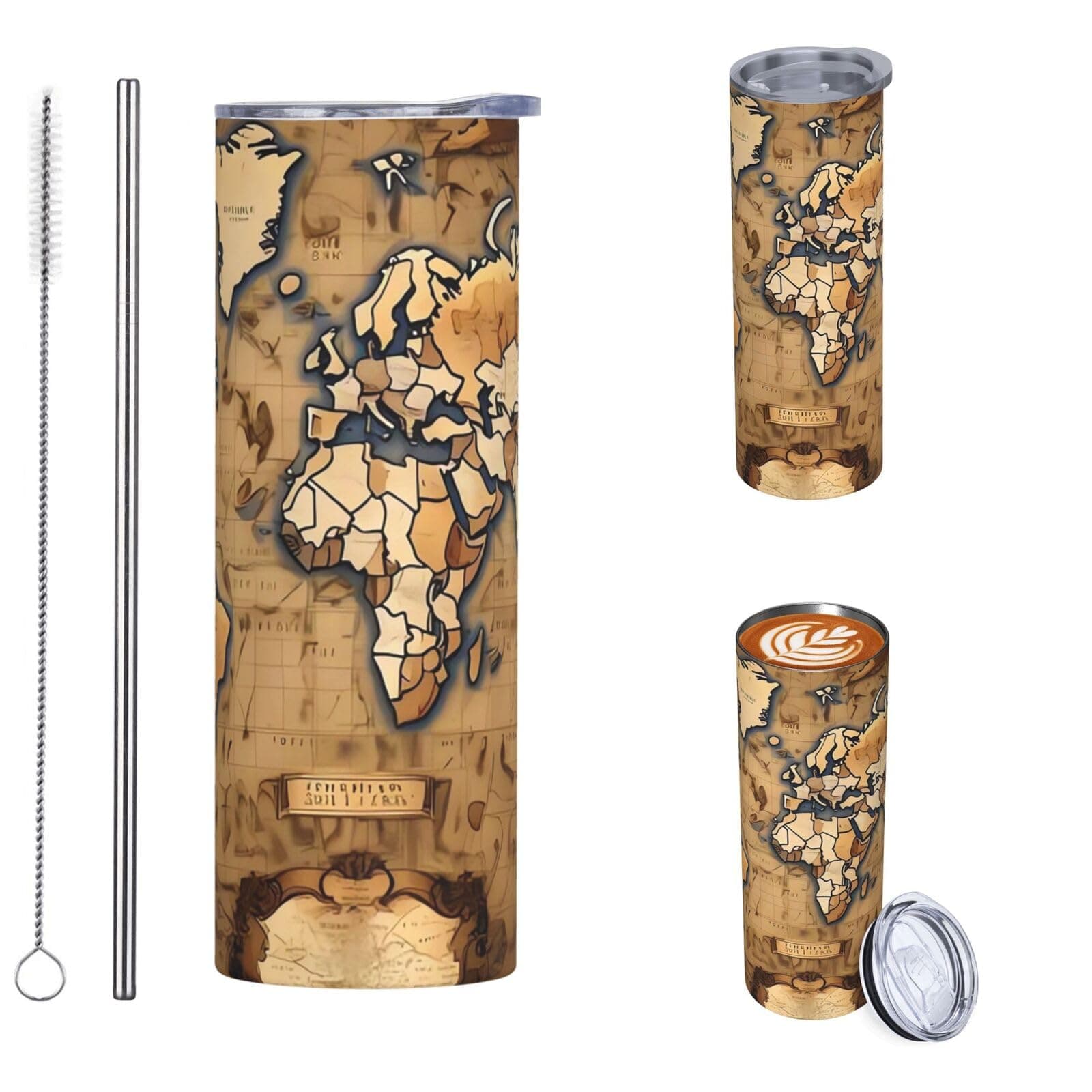 GJHKSSVB Old Stained World Map 20oz Tumbler Stainless Steel Insulated Travel Tumblers Leakproof Travel Coffee Mug With Lid And Straw Water Bottle Drink Tumbler Cups Gifts For Women Men Lovers