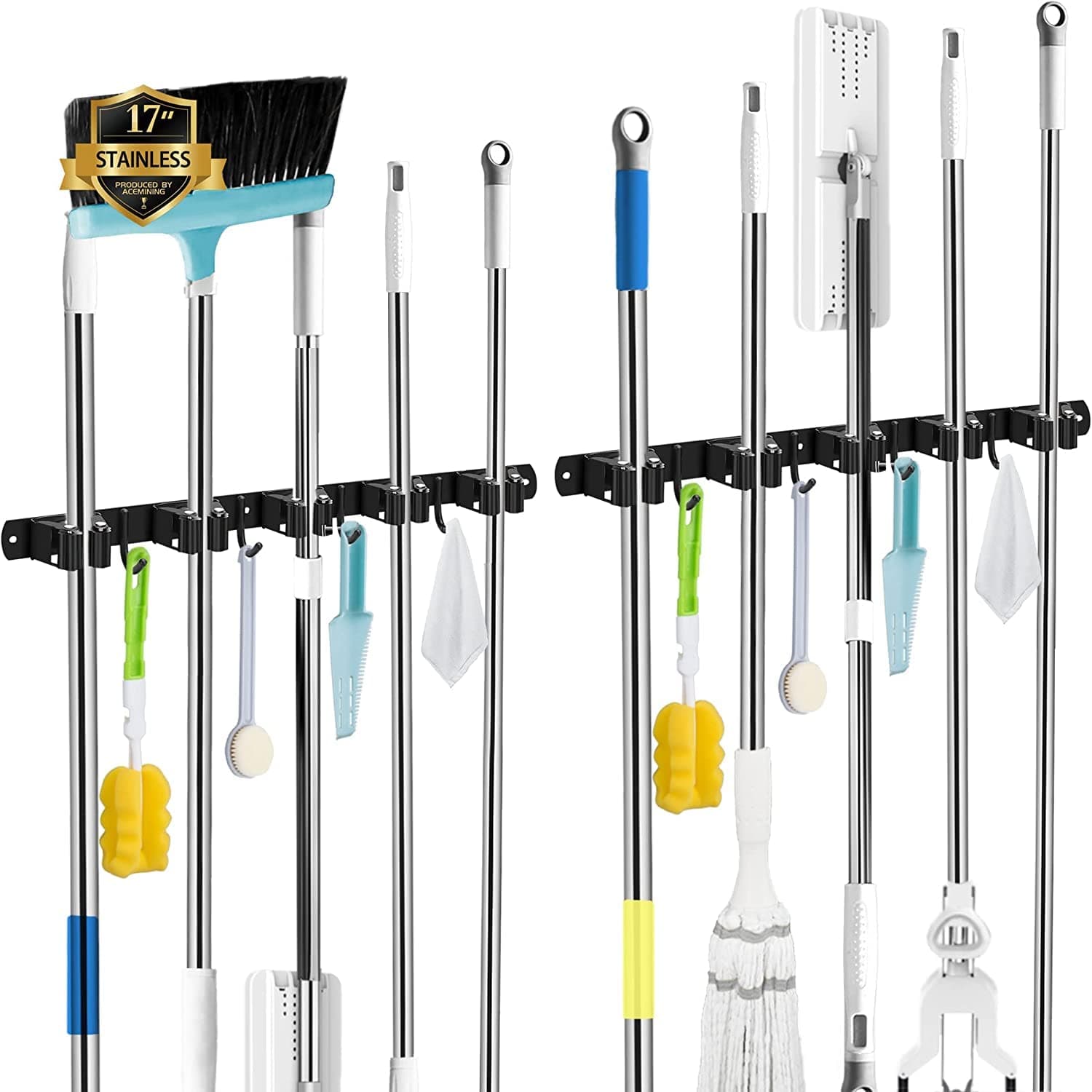 2 Pack Black Broom Holder Wall Mount, 5 Racks 4 Hooks Mop and Broom Holder