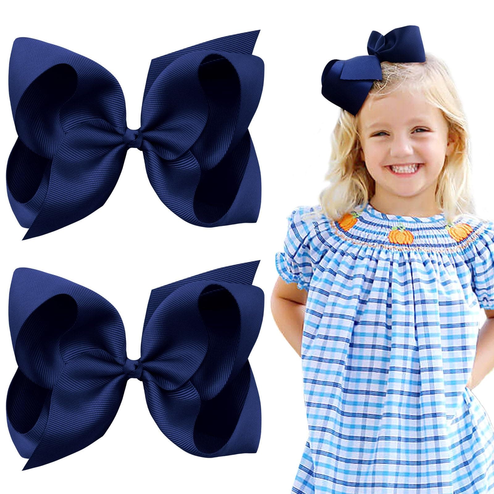 Oaoleer Navy Layered Grosgrain Ribbon Barrettes Hair Clips, Hair Accessories for Baby Girls, Infants, Toddlers, Kids, Teens, Children (Navy, 6inch-Type A)
