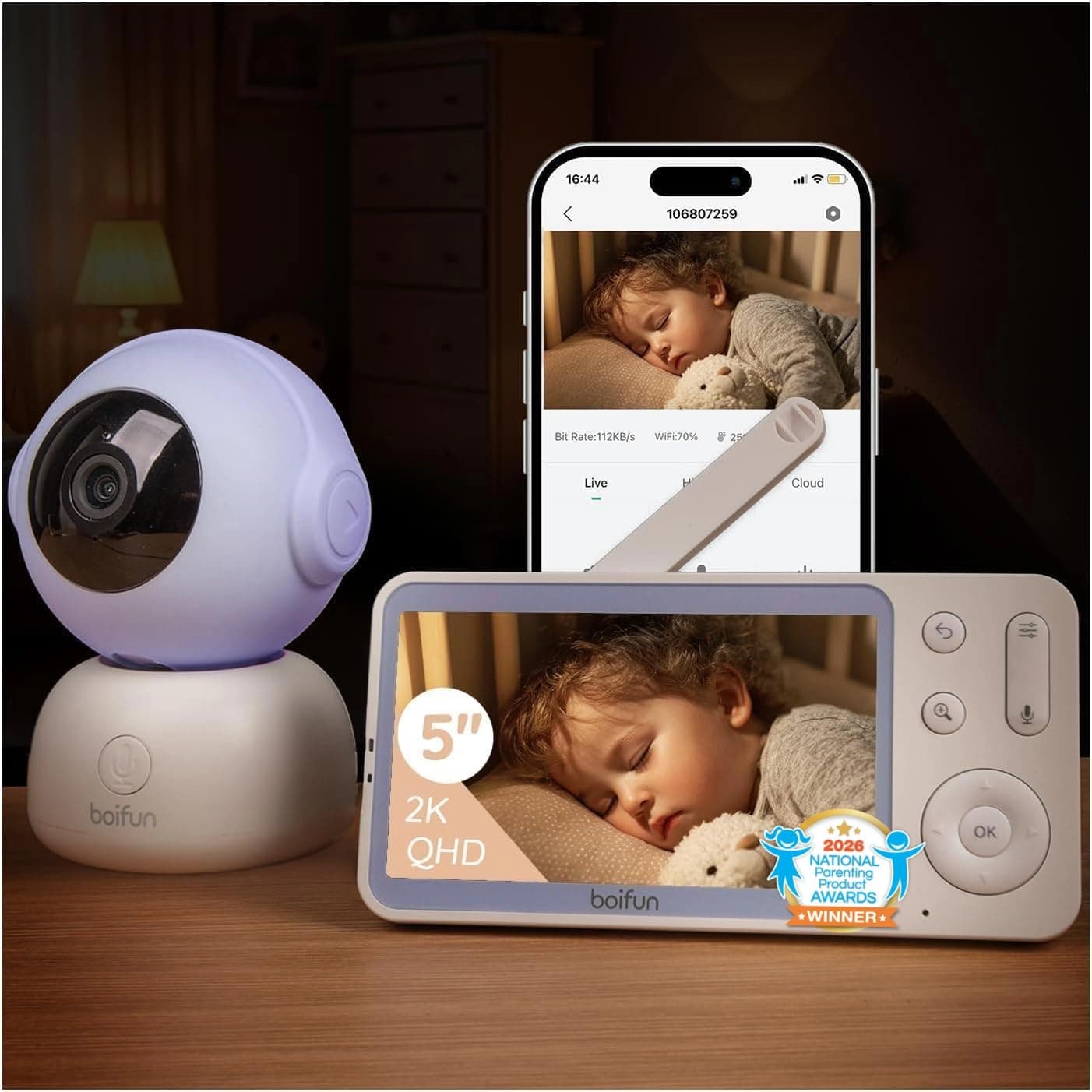 BOIFUN 2K 5" Video Baby Monitor WiFi, 360 View Baby Camera, Smartphone APP Control & LCD Screen, AI Motion & Sound Detection, Invisible Infrared Light Night Vision, Auto Tracking, Temp/Humidity Sensor