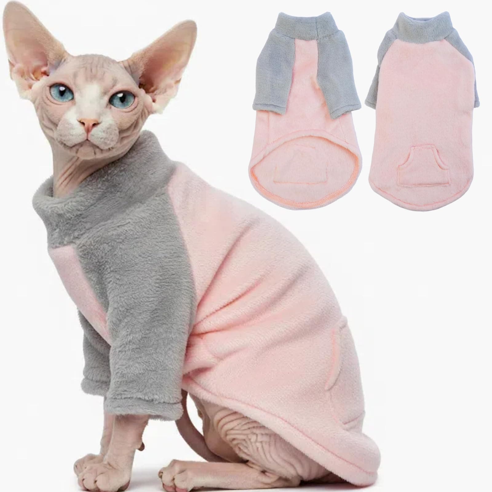 Sphynx Cat Clothes, Soft Fleece Cat Sweater, Pullover Shirt for Cat, Cat Pajamas with Sleeves, Kitten Hairless Cat Clothes for Cats Only, Winter Warm Cat Outfit Onesie Jumpsuit Hoodie