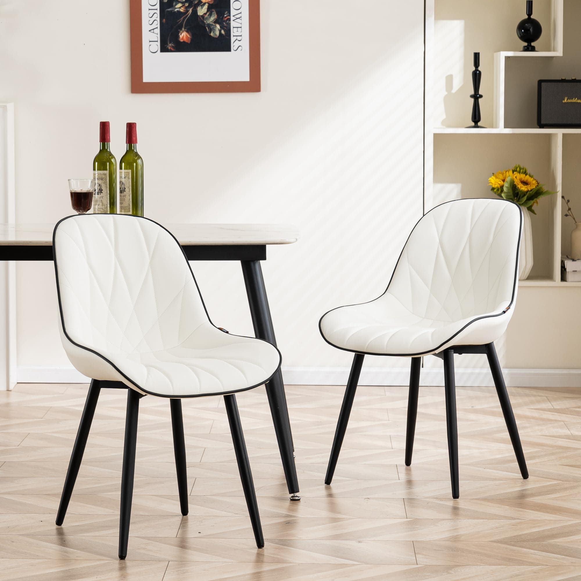 YOUNIKE White Elegant Dining Chairs Set of 2, Black Trim