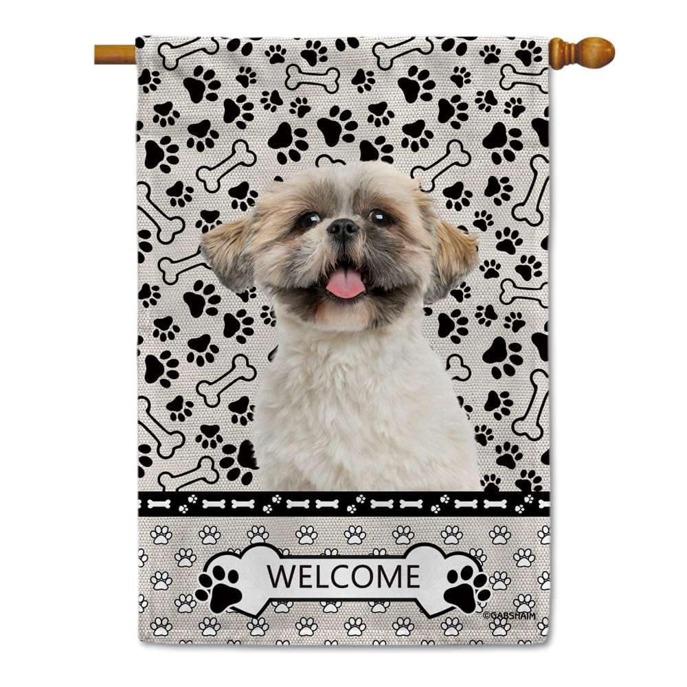 GABSHAIM Custom Adorable Shih Tzu Decor House Flag Puppy Dog Paws Bone Welcome Flag Banner for Outside Yard 28x40 Inch Doule Side