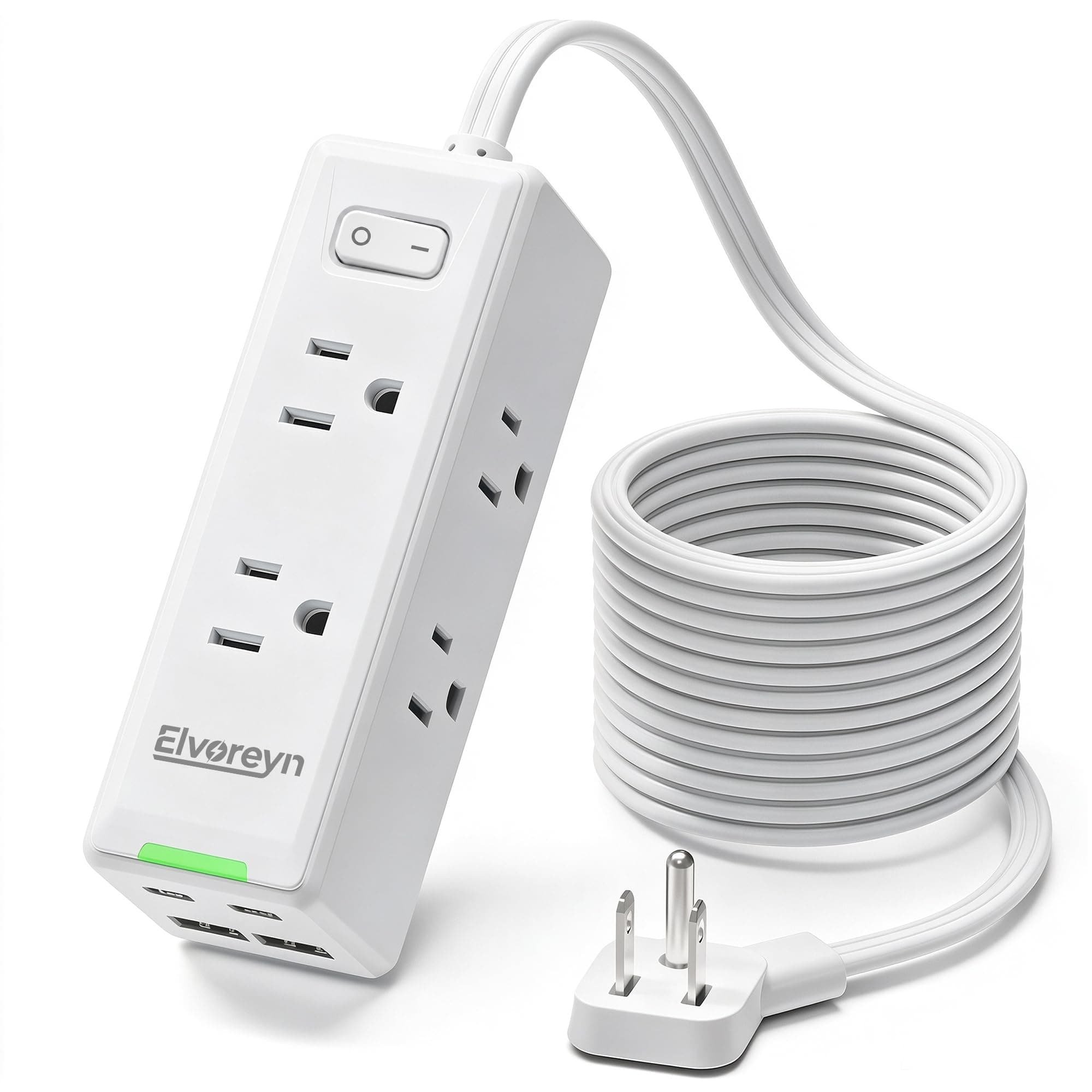 ELVOREYN 10 FT Flat Plug Extension Cord Power Bar with 6 Outlets and 4 USB