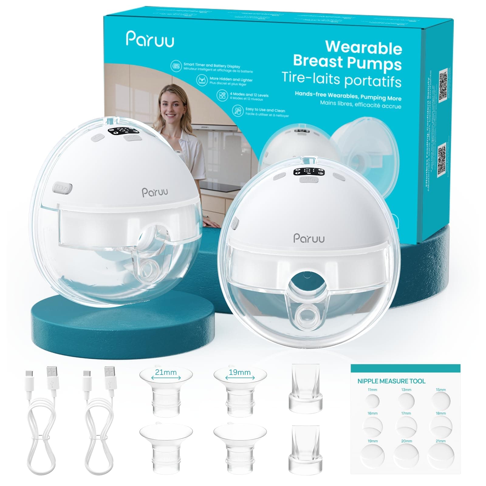 Paruu P16 Wearable Breast Pump, Hands-Free Portable Electric Breast Pump with 4 Modes & 12 Suction Levels, 309mmHg Max Powerful Suction, 19/21/24mm Flange Inserts, Wireless Breastfeeding Pump, 2 Pack