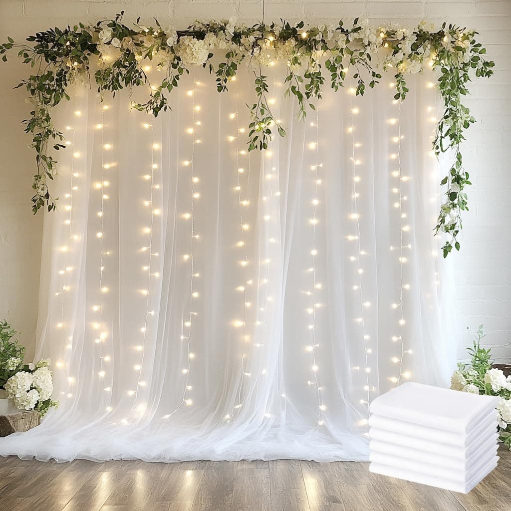 Xiomot Tulle Backdrop Curtain with Lights 30x10FT White Sheer Tulle Curtain