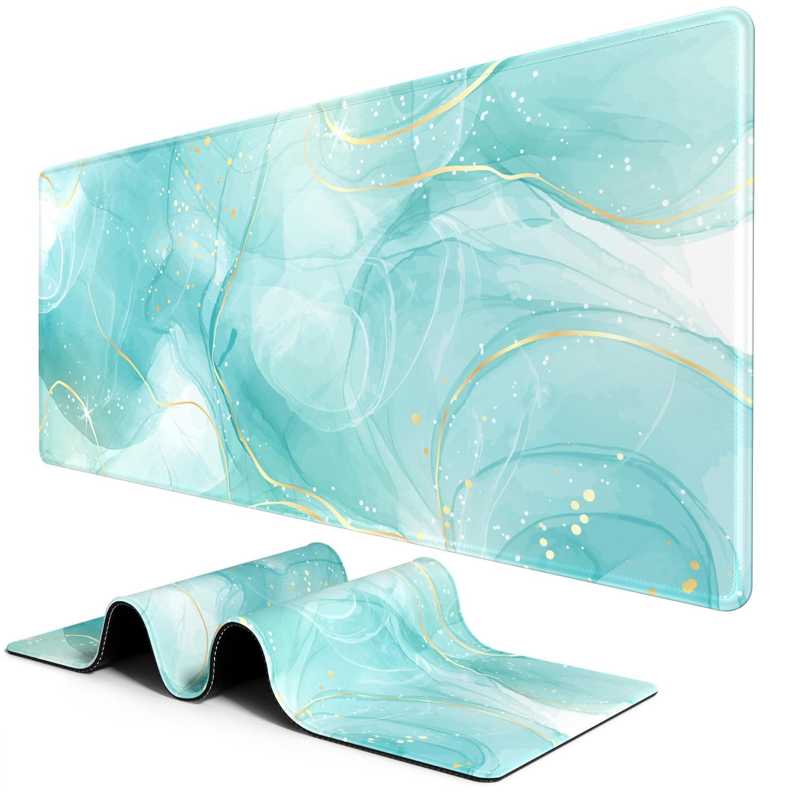 BOSOBO Large Mouse Pad, Desk Pad, XXL XL Extended Gaming Mouse Pad, Desk Mat for Office & Home, Long Keyboard Mat, Huge Mouse Pad, Desktop Full Cover 90 x 40 cm, Art Gold Teal Marble