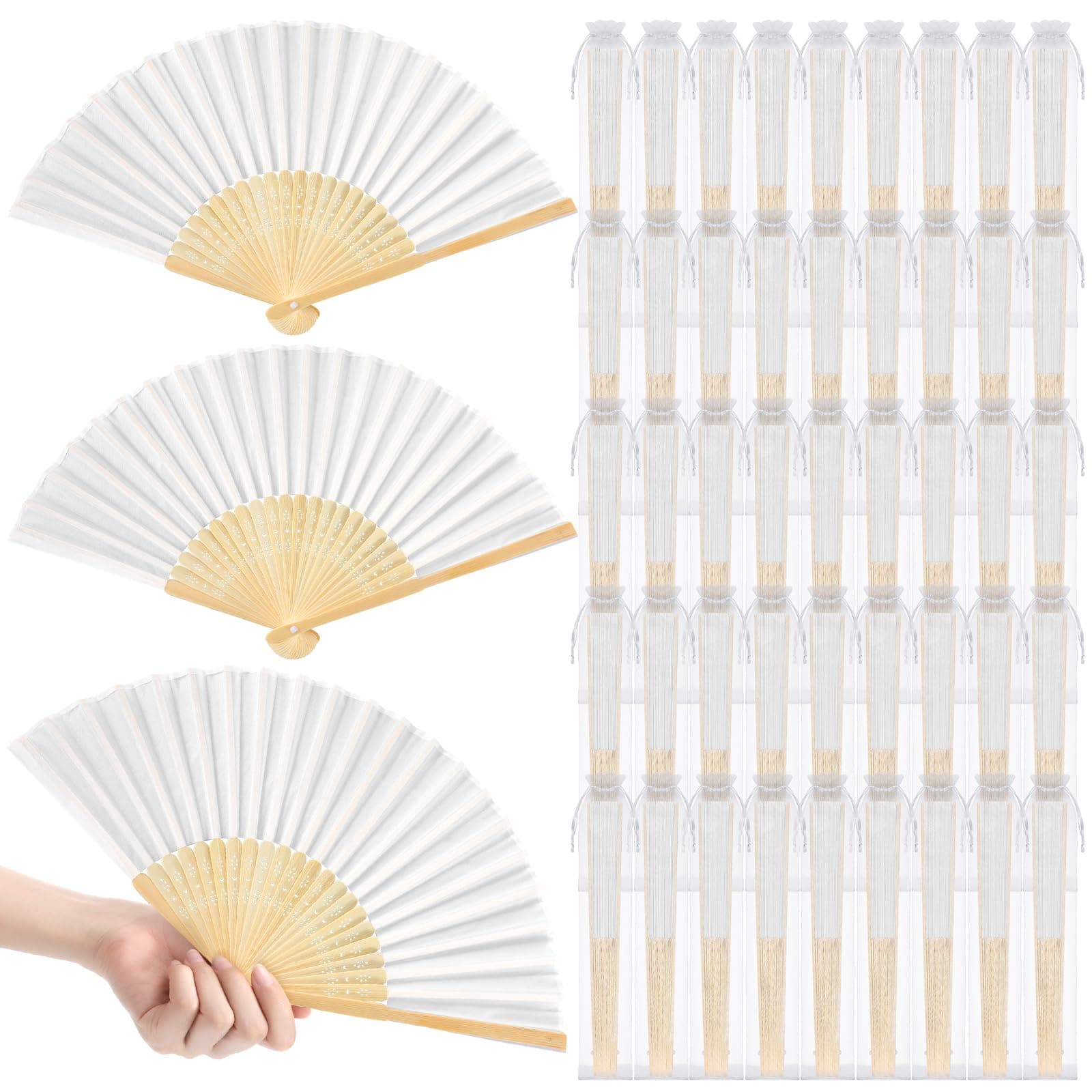 Quzzil 30 Sets White Wedding Hand Fans with Organza Bags, Bamboo