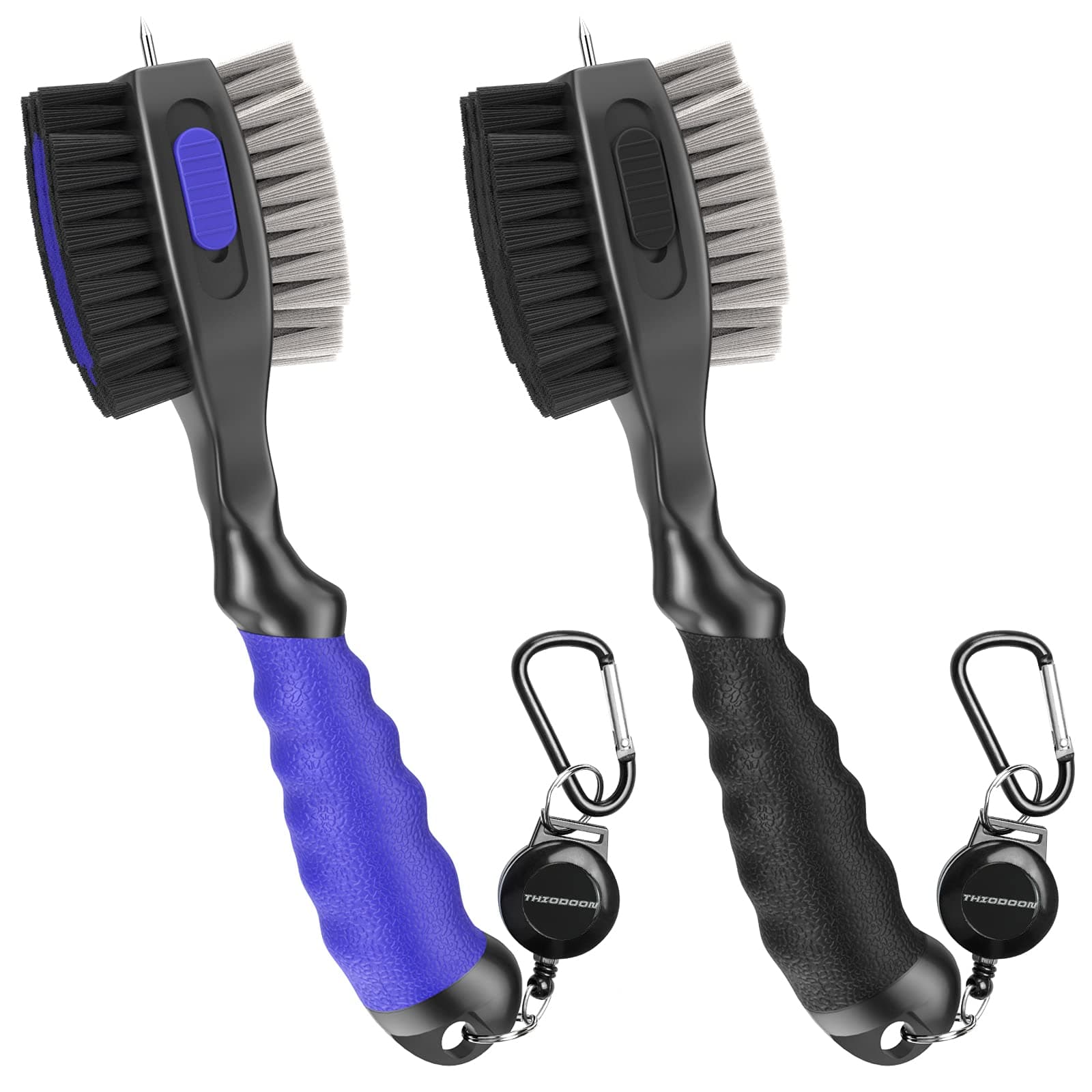 THIODOON Lot de 2 brosses de Club de Golf et Nettoyeur de rainures de Club de Golf de 0,6 m avec Mousqueton rétractable, tête de Brosse surdimensionnée avec Piquet rétractable, Prise en Main