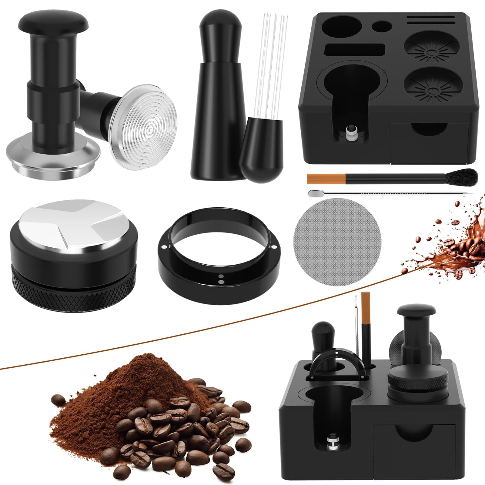 PoParttg 8 PCS Espresso Accessories Kit,58mm Espresso Tamper,Includes WDT Tool,Tamping Station,Dosing Funnel,Distributor,Puck Screen,Stirrer,Brush,Latte Art Pen,Barista Kit