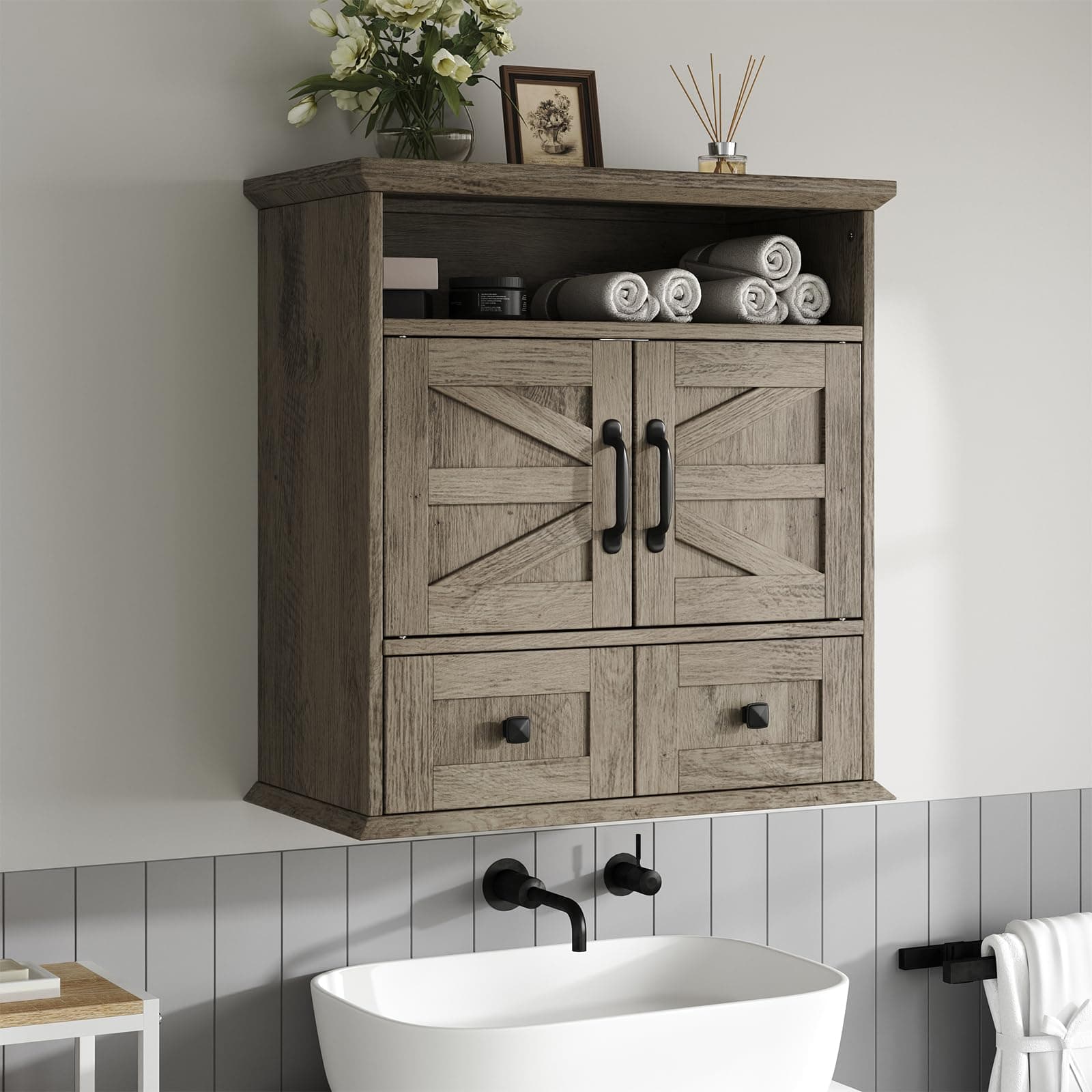 Seeday Bathroom Wall Cabinet, Farmhouse Medicine Cabinet with Drawer, Double Barn Doors, Adjustable Shelf, Wall Mounted Storage Cabinets for Bathroom, Kitchen, Living Room, Grey