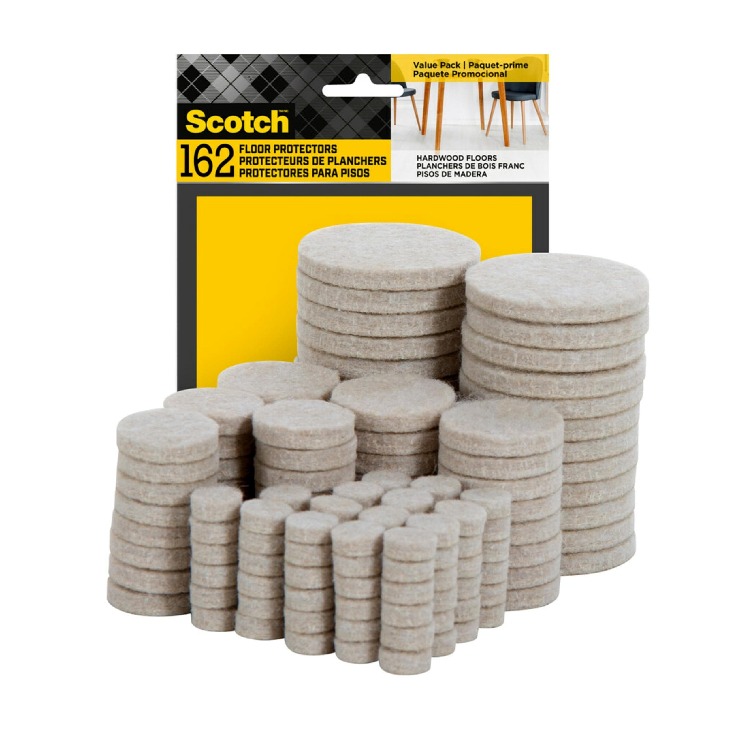 Scotch - almohadillas para orejas de fieltro de 162 unidades, color beige, almohadillas para orejas de fieltro para muebles para proteger suelos de madera dura, redondas, varios tamaños, paquete