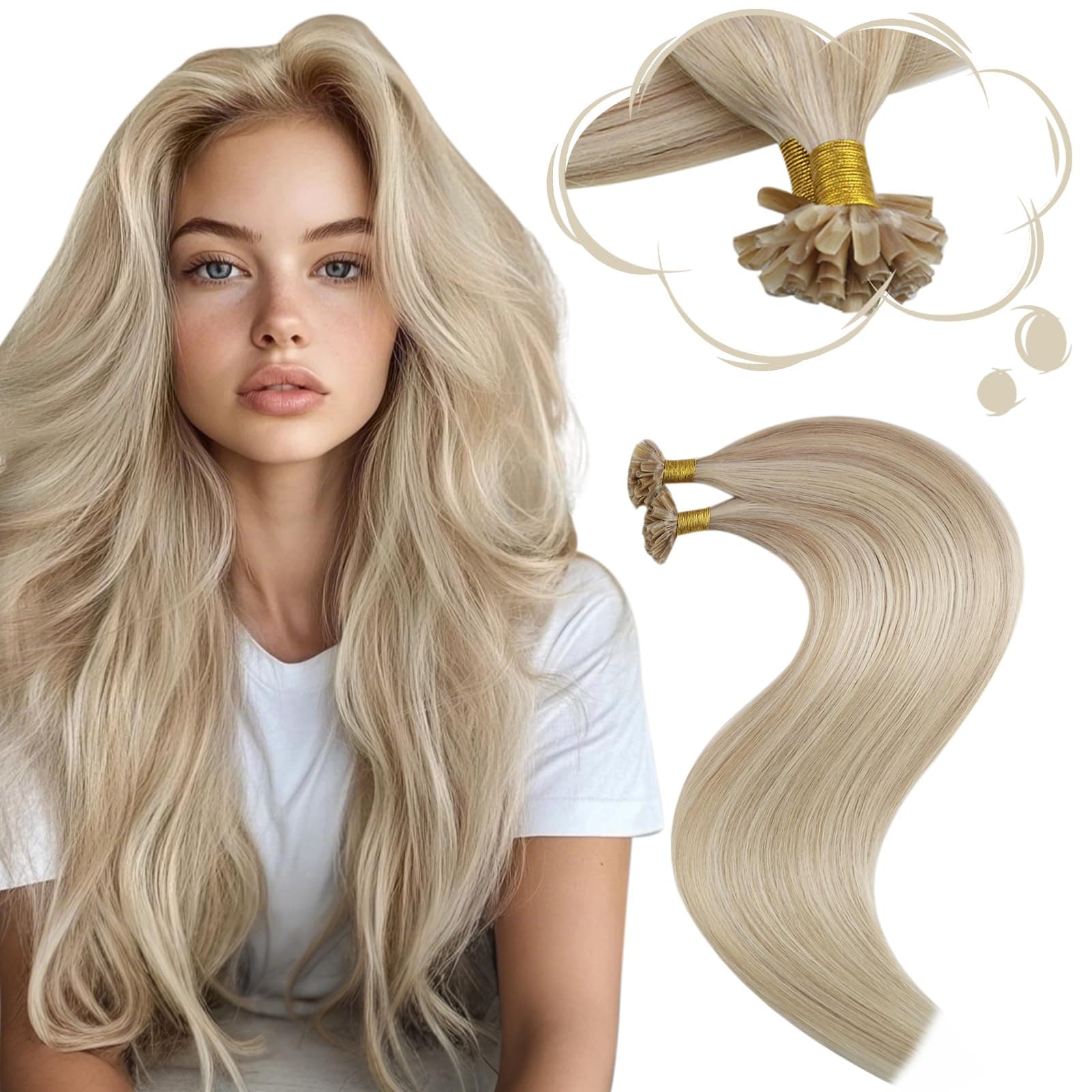 Moresoo K Tip Hair Extensions Real Human Hair, U Tip Hair Extensions for Women, Ash Brown Highlight with Blonde 50 Strands 50 G 24 inch, Remy Keratin Bond, Hot Fusion, Soft Straight Salon Quality,