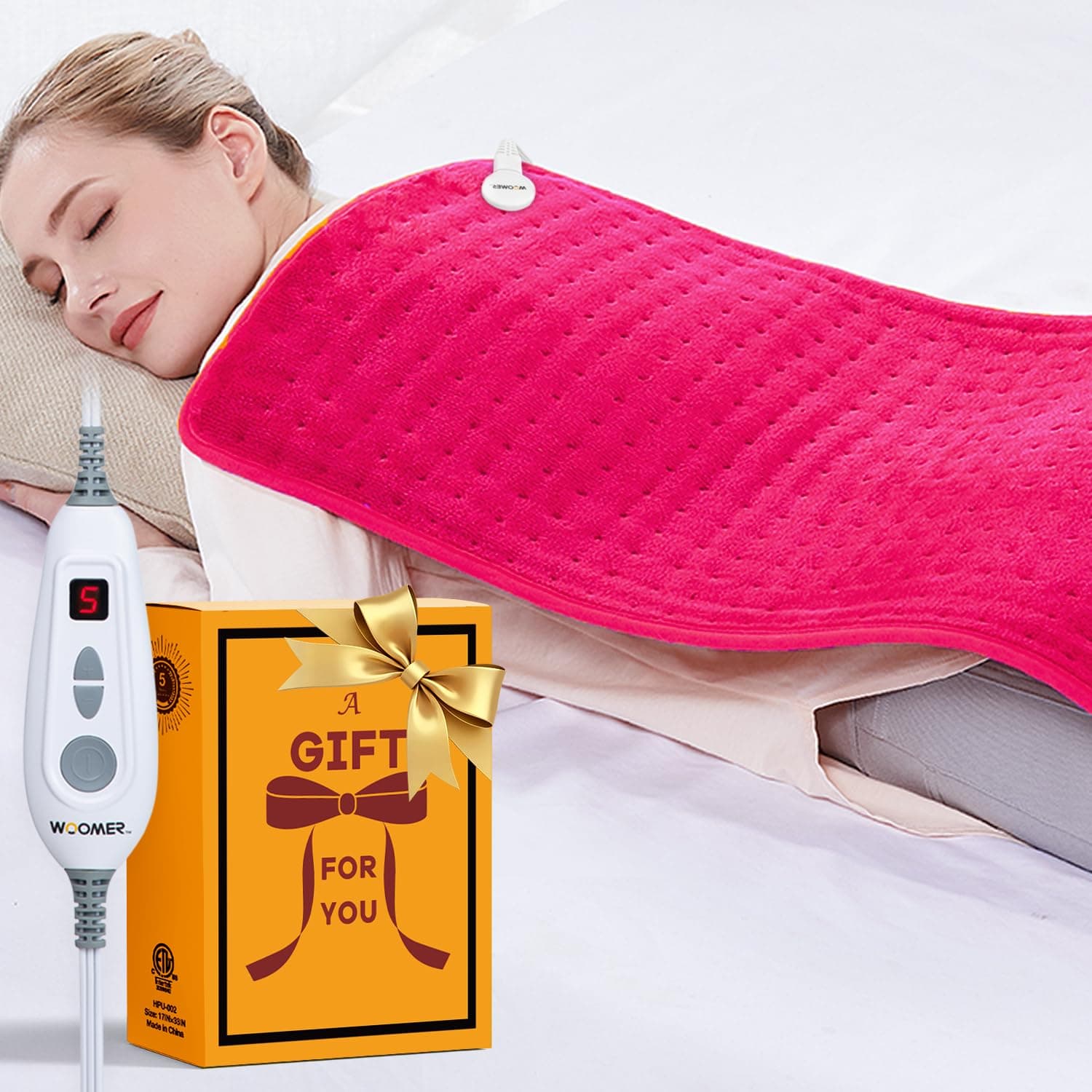 WOOMER Electric Heating Pad for Period Cramps,Shoulder and Back Pain, 17"X33" Extra Large, 6 Heating Levels Heat Pad with 2-Hour Auto Shut Off, Gifts for Women and Mom, Detachable machine wash,Magenta