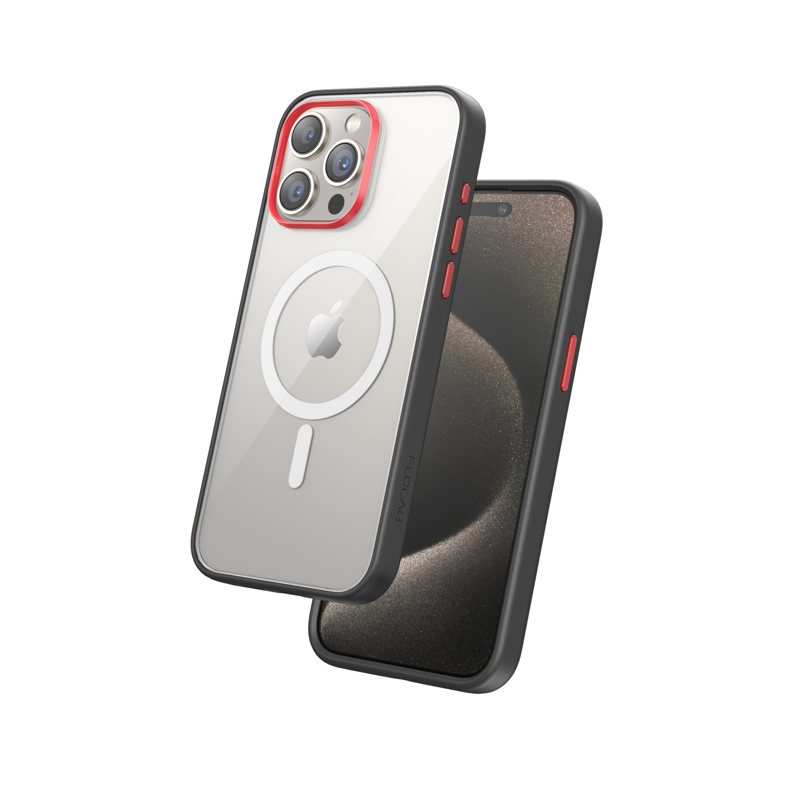 FLOLAB Surtect Tri-Fusion Magnetic for iPhone 15 Pro Max Phone Case Protective Slim Design Magsafe Compatible Military Grade Black Frame Clear - Atomic Red