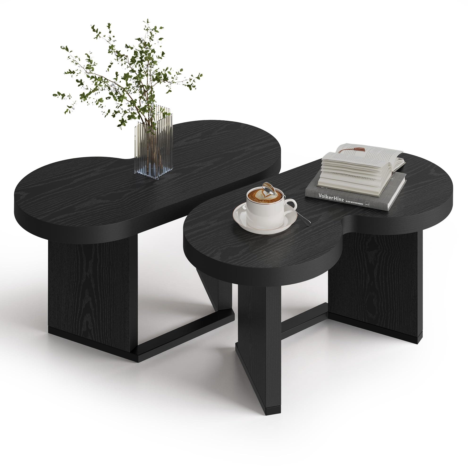 LIKEMET 31.5" Black Coffee Table, Nesting Coffee Table in Unique Butterfly Shape with Metal Base, Wood Modern Center Table for Living Room and Apartments, Black
