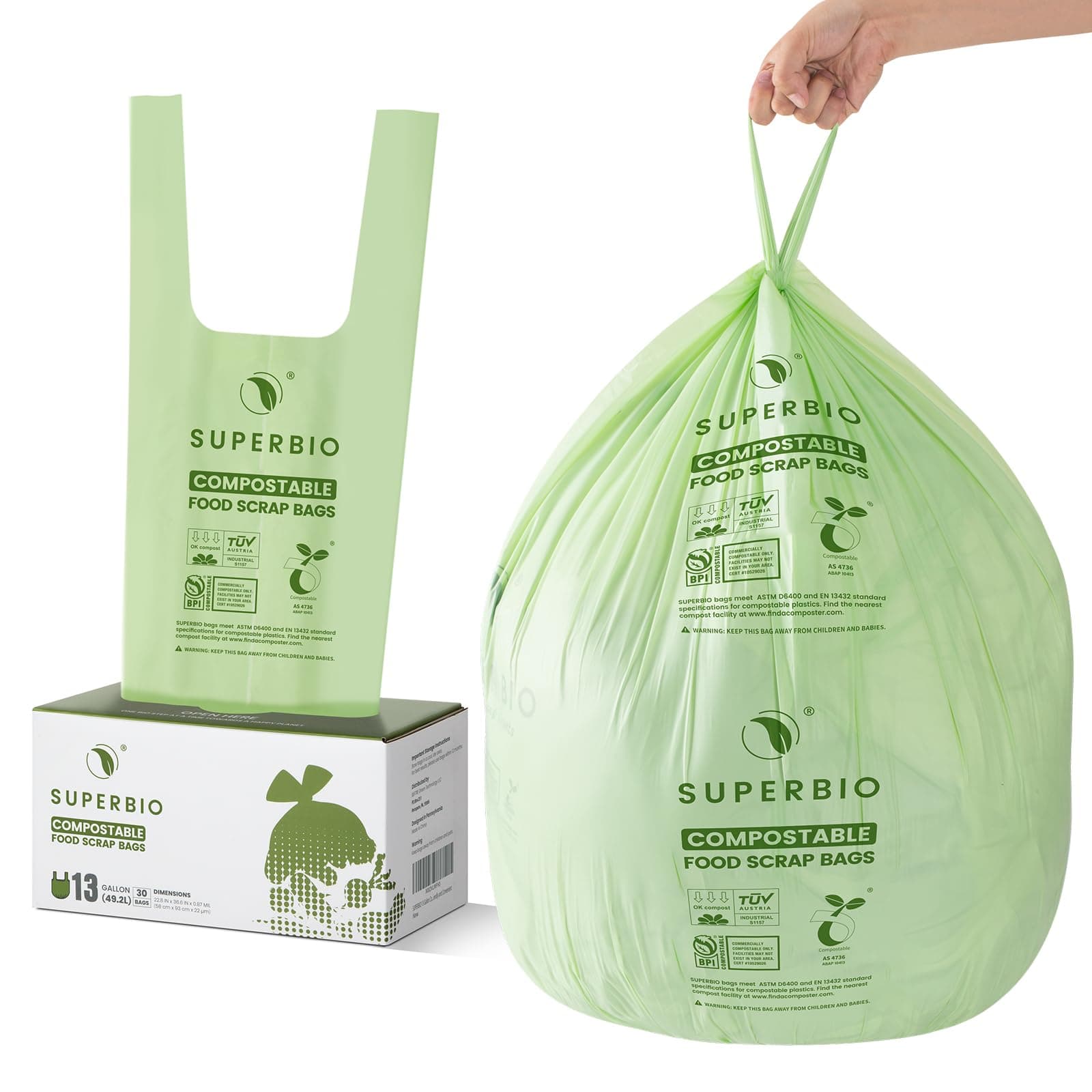 SUPERBIO Compostable Food Scrap Bags, 49.2L, 30 Count