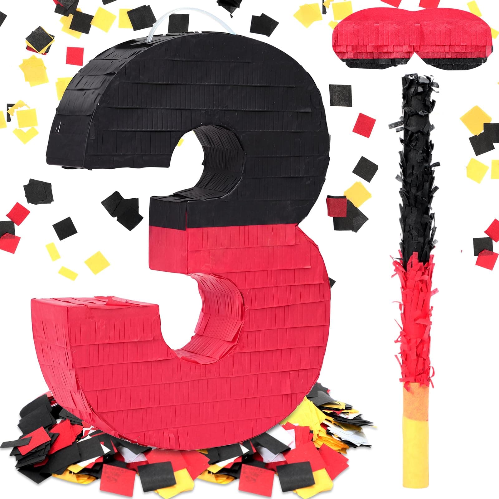 RoundFunny Number 3 Piñata Black Red Piñata First Birthday Party Supplies for Celebration for Boys Girls Fun Yellow Heart Black and Red Themed Party Decor 14.9 X 11 X 2.8 Inches