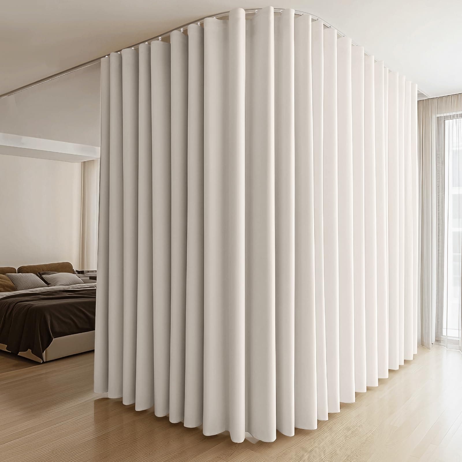MaKefeile Room Divider Curtain with Flexible Bendable Track Set W100×H84in 1 Panel Beige Curtain and White Track