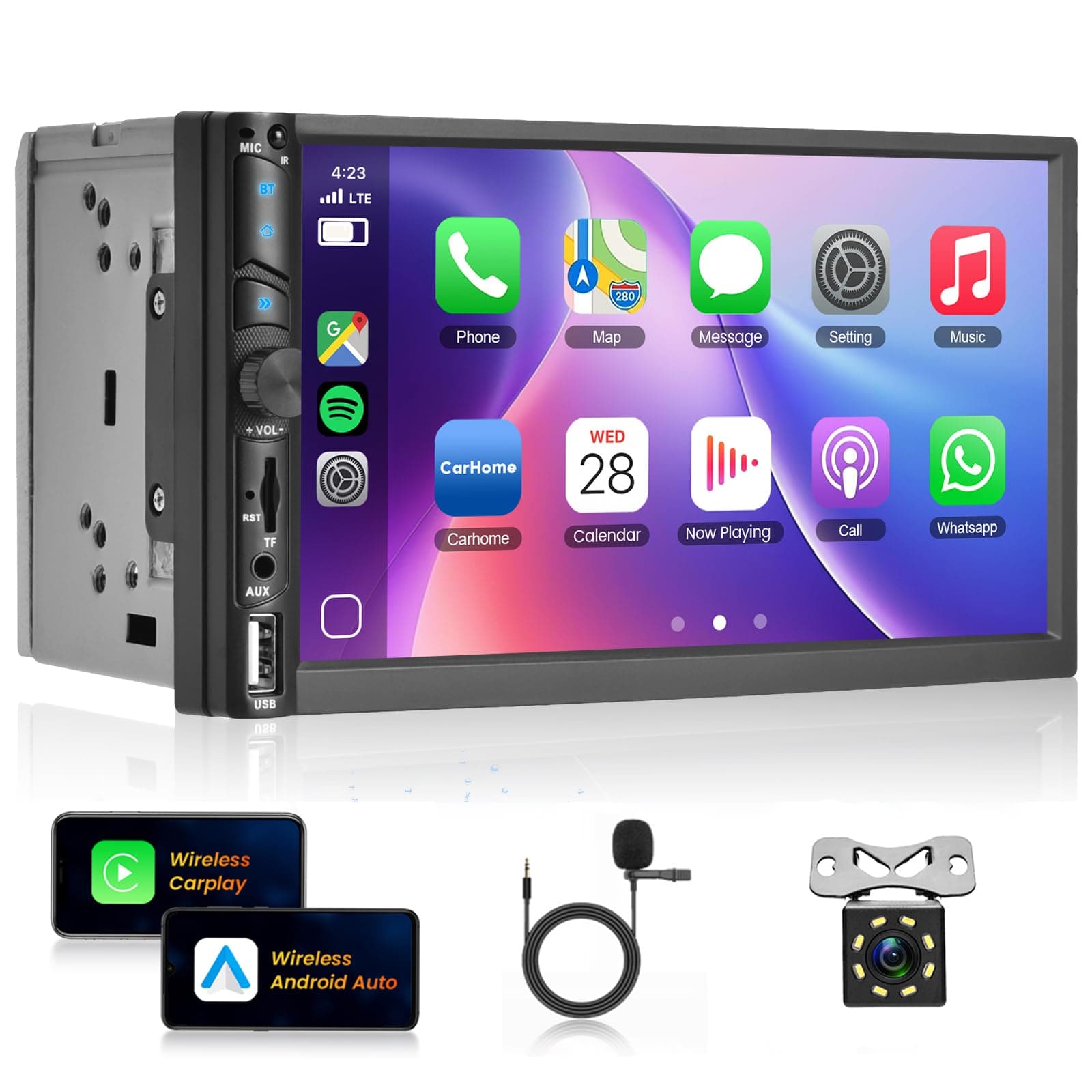 Wireless Upgrade Double Din Car Radio with Wireless CarPlay and Android Auto, Bluetooth 5.0 Audio Output, MirrorLink, 7 Inch HD Touchscreen,Backup Camera,EQ,Mirror Link,FM Car Stereo Double Din Radio